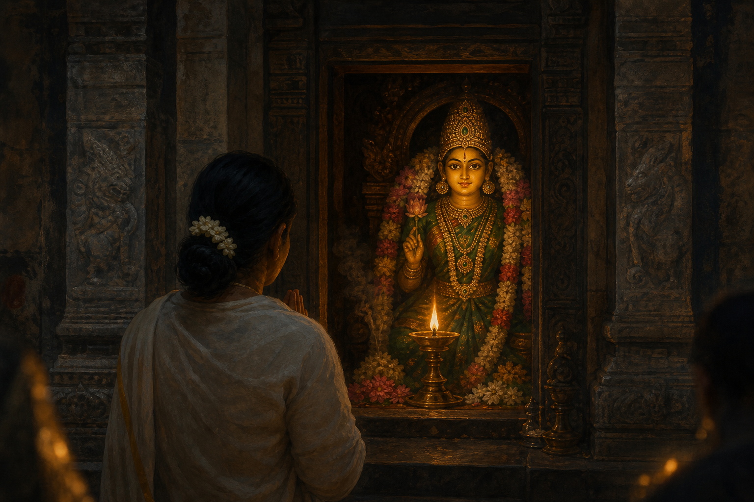 A devotee viewed from behind meets the outward gaze of an illuminated image of Meenakshi across an oil lamp inside a dark stone shrine.