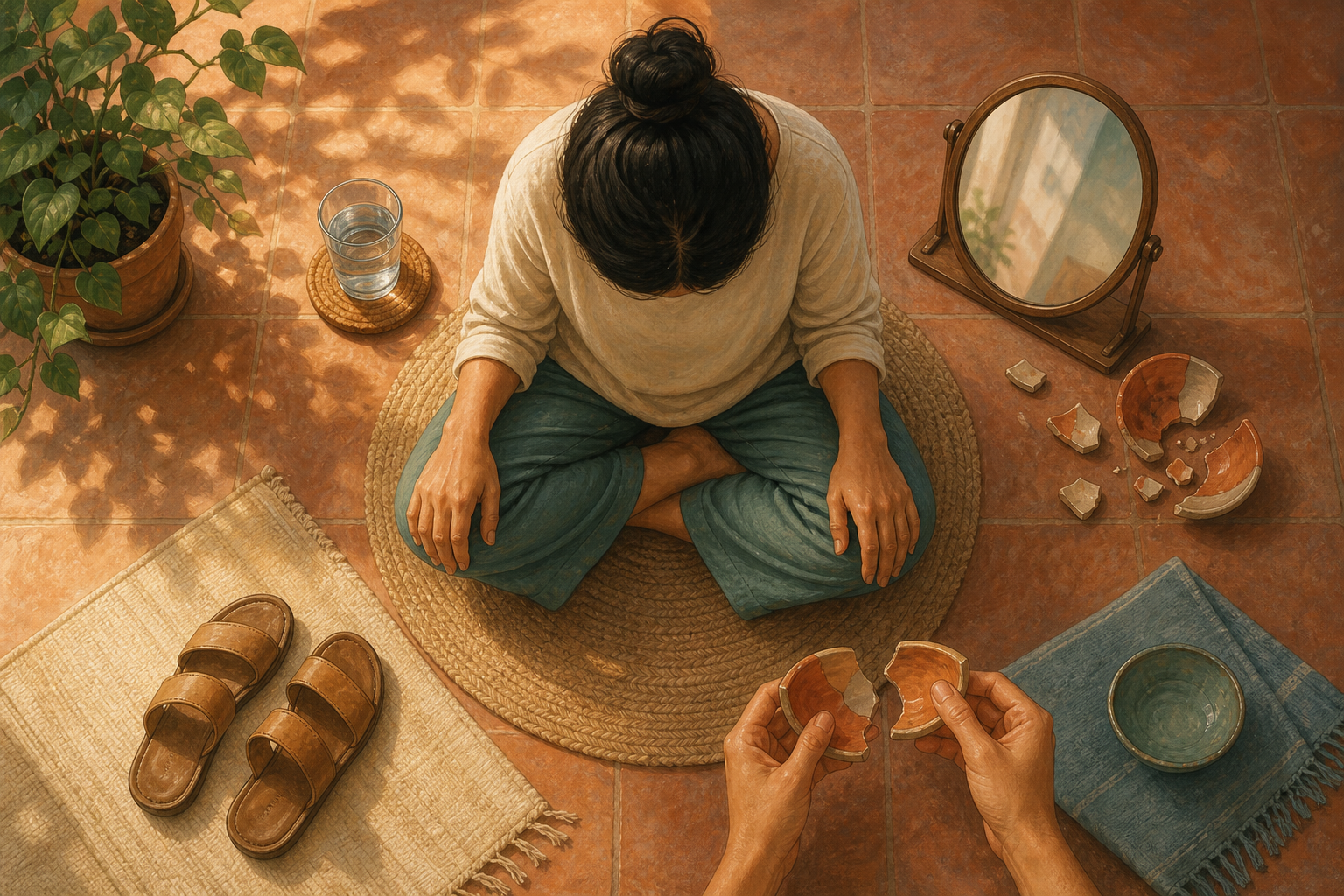 An overhead illustration surrounds a seated person with a cup of water, a mirror, a mended bowl, and sandals facing an open path.