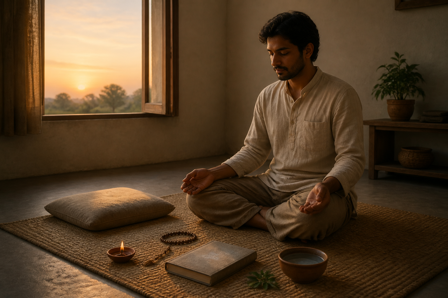 A seated practitioner meditates in a simple dawn-lit room beside a closed book, prayer beads, a clay lamp, water, and an empty cushion.