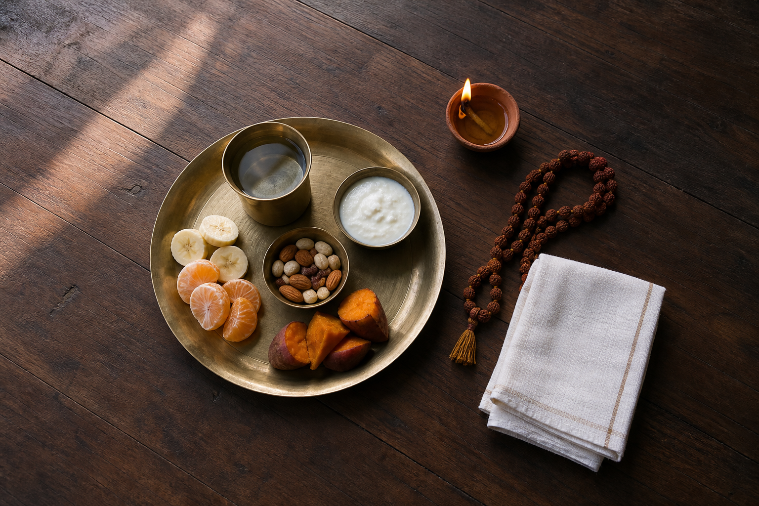 A modest sattvic fasting meal of fruit, sweet potato, yogurt, nuts, and water sits beside prayer beads and a lit oil lamp.