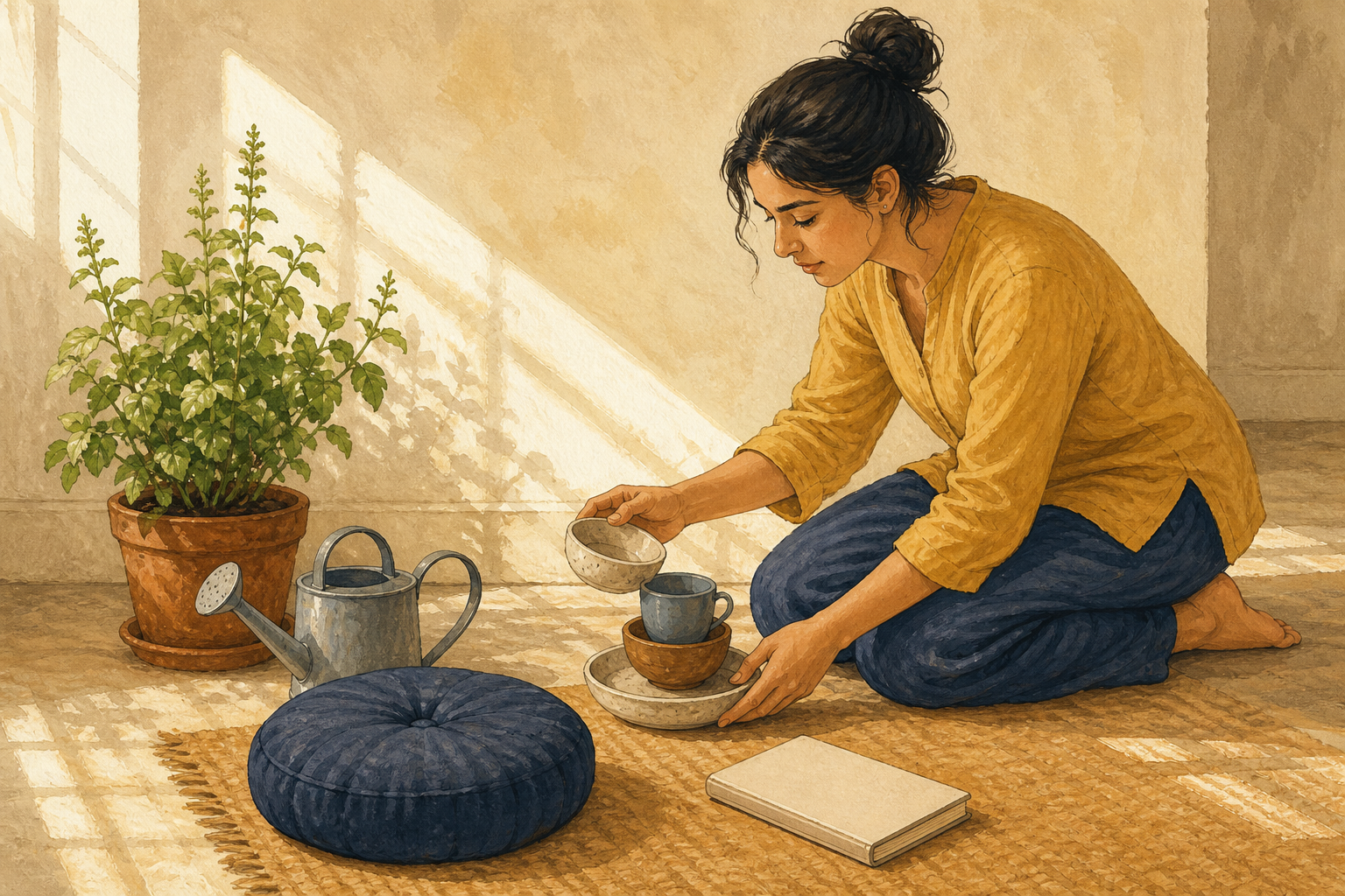 An adult pauses calmly while putting fallen household objects back in place beside a cushion and potted tulsi plant.