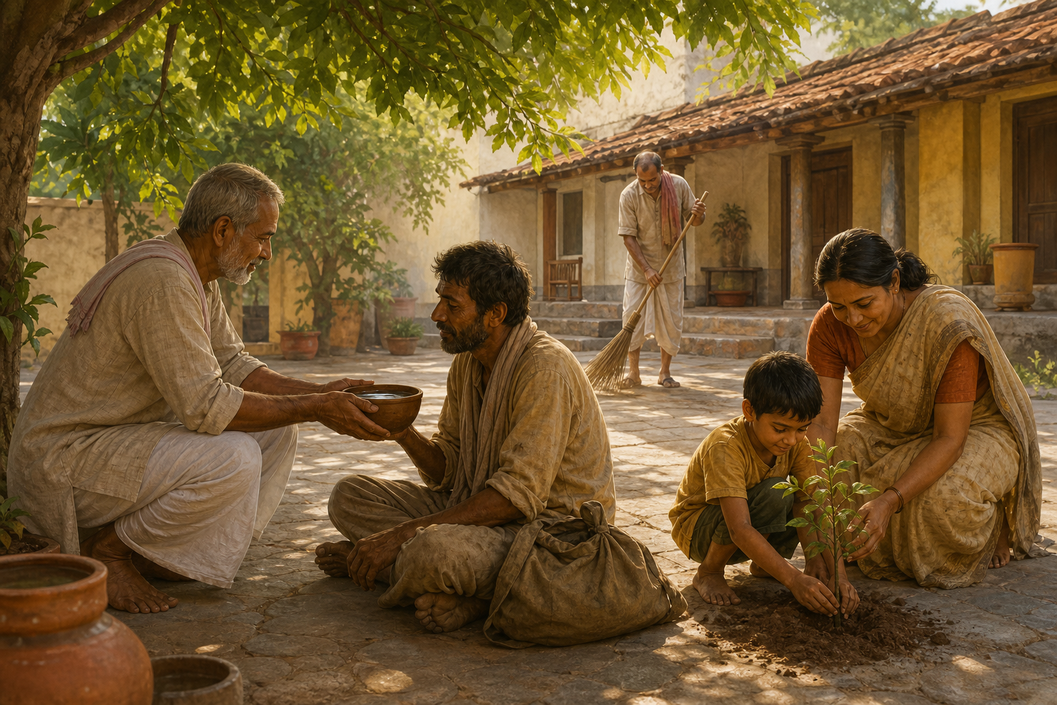 People in a sunlit courtyard offer water to a traveler, help a child plant a tree, and sweep a shared path.