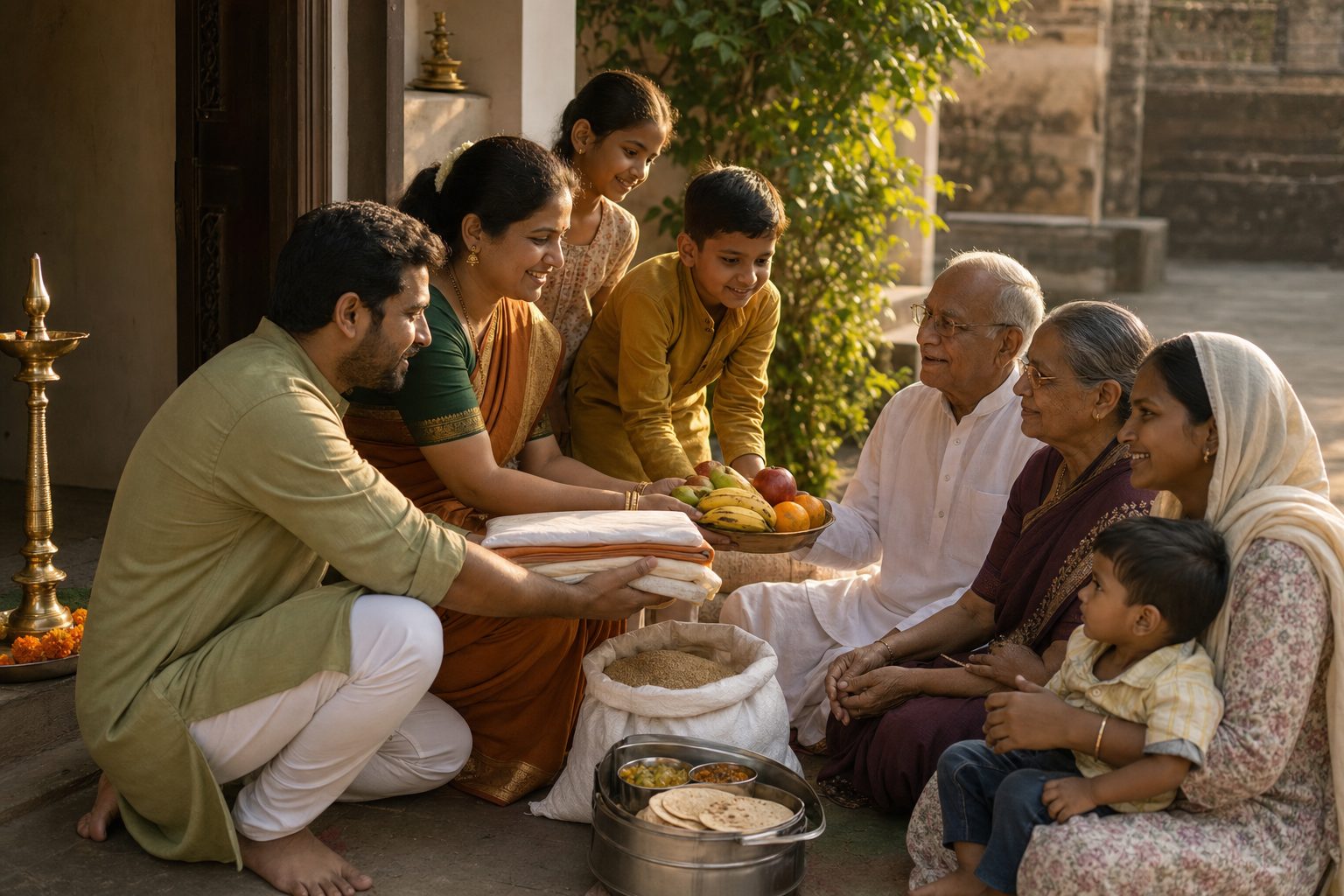 Members of a multigenerational family share grain, fruit, cloth, and a meal with neighbors in a sunlit courtyard after worship.