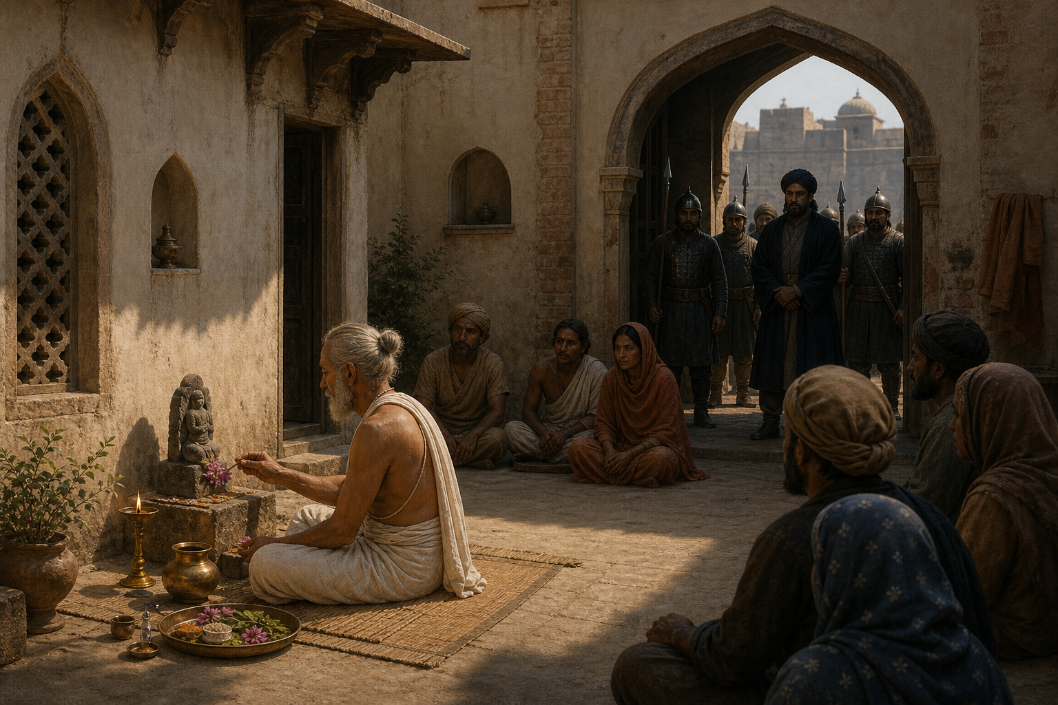 An elderly Brahmana performs puja in the courtyard of a medieval Delhi home while neighbors watch and state officials stand at the entrance.