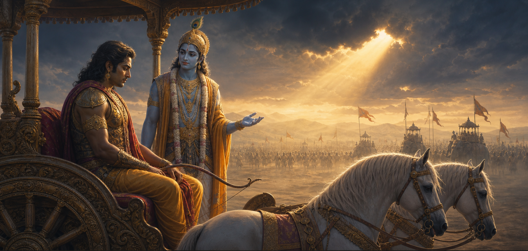 A troubled warrior with a lowered bow listens to a serene blue-skinned charioteer in a two-horse chariot at dawn on an ancient battlefield.