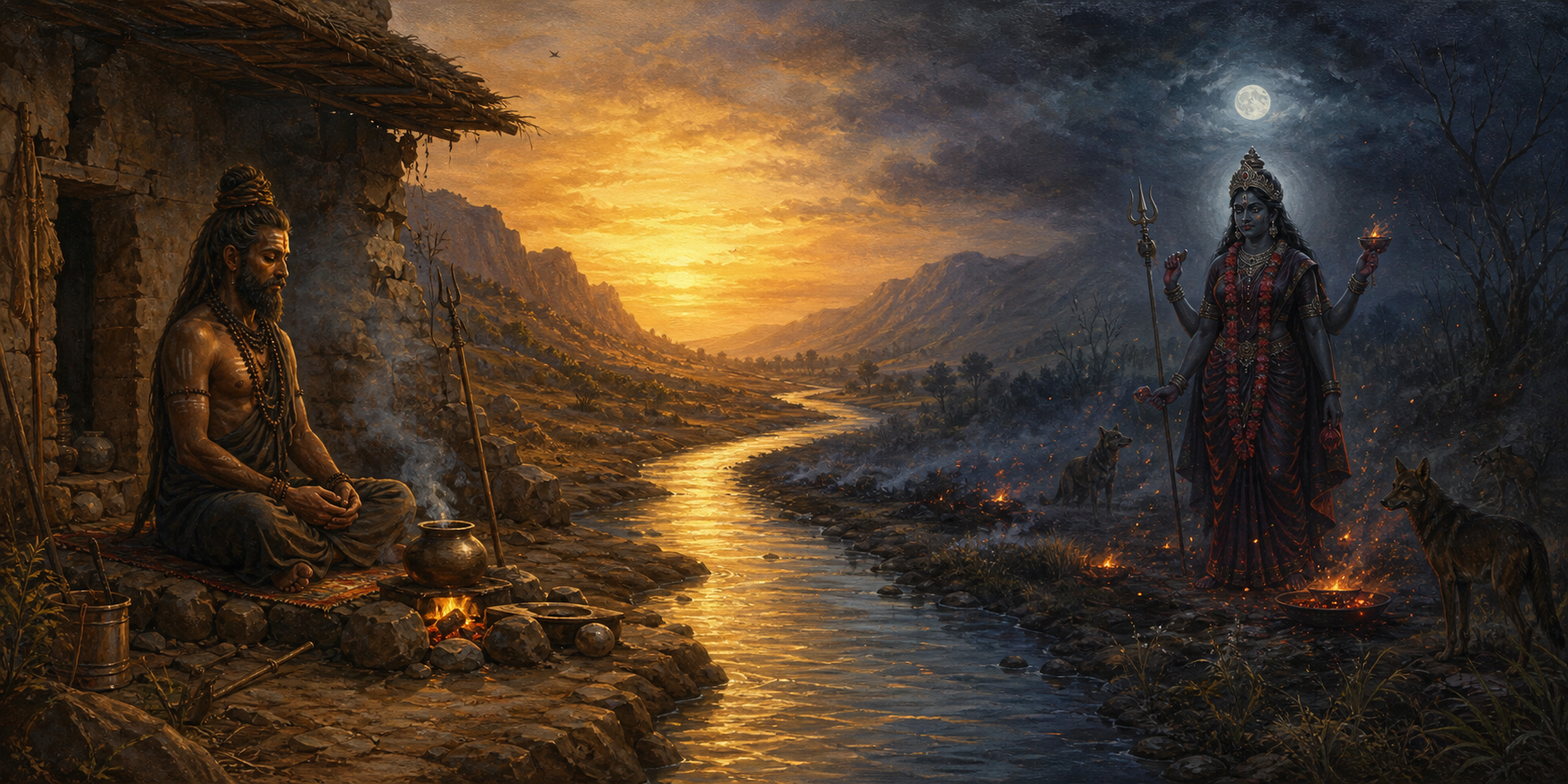 A Nath yogi beside an earthen hearth and a dark Goddess among jackals in separate landscapes connected by a curving river and shared dawn light.