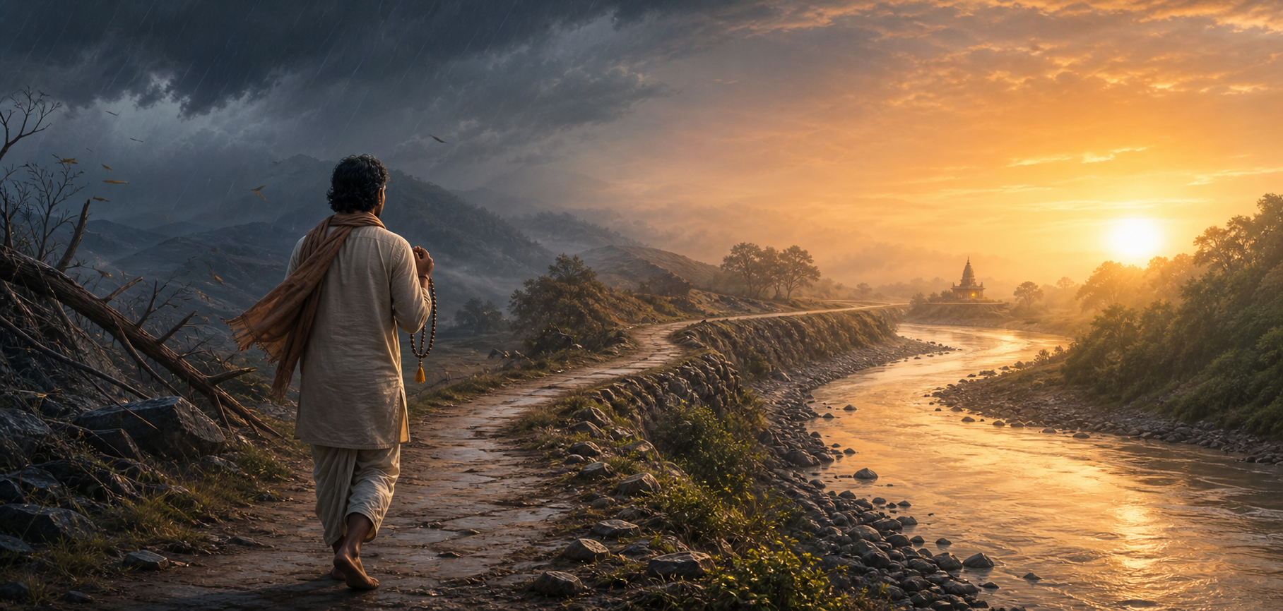 A devotee holding prayer beads walks along a winding riverside path from storm clouds toward a golden dawn and a distant temple.