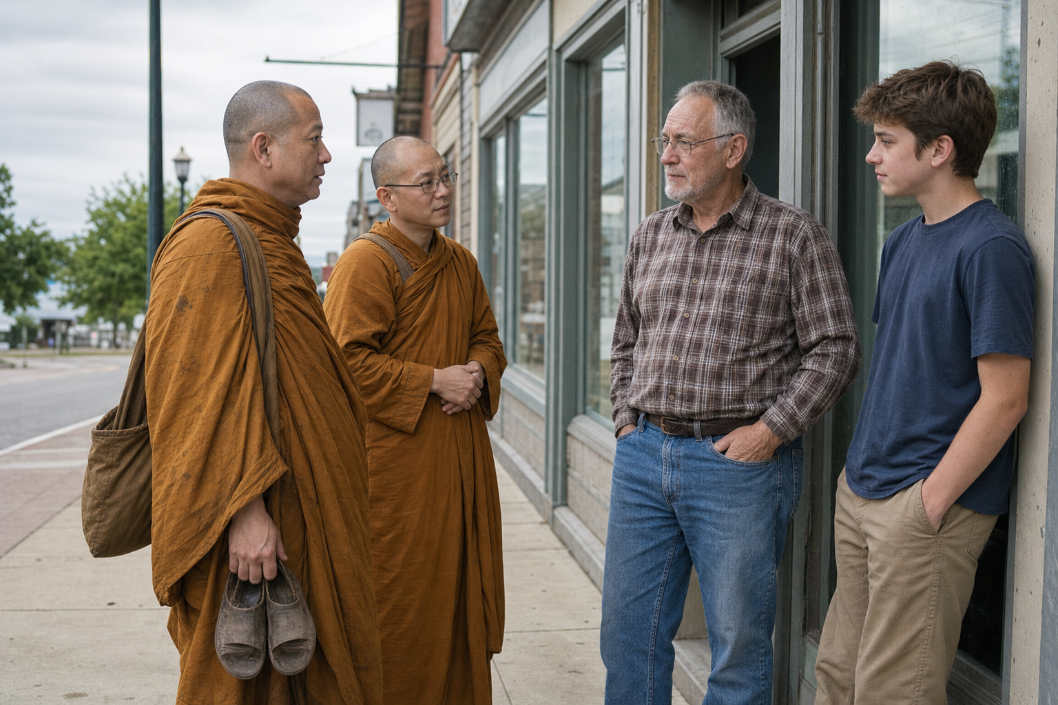 Two Buddhist monastics pause quietly with an older shopkeeper and a teenager on a small-town sidewalk.