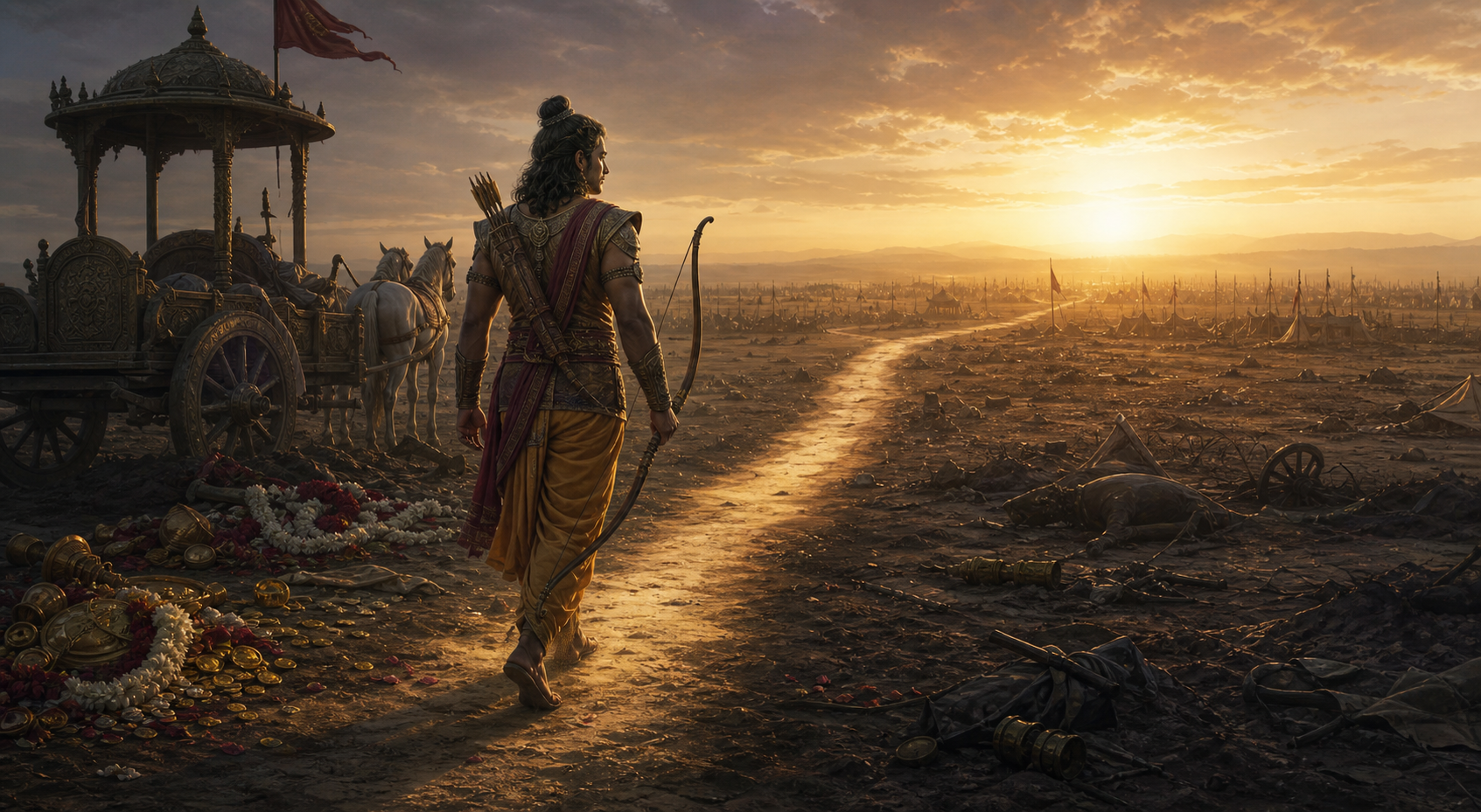 An ancient warrior carrying a bow follows a sunlit path across a shadowed battlefield while trophies, garlands, and coins remain behind him.
