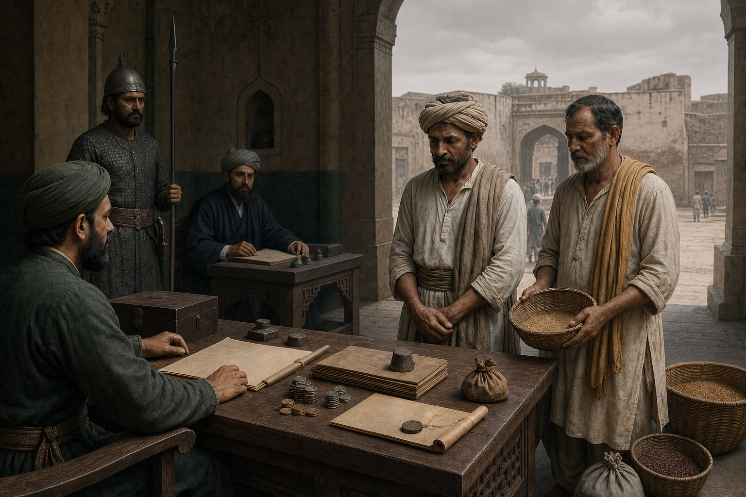 A medieval Delhi revenue official sits with coins, weights, and records as householders present grain under the watch of state authorities.