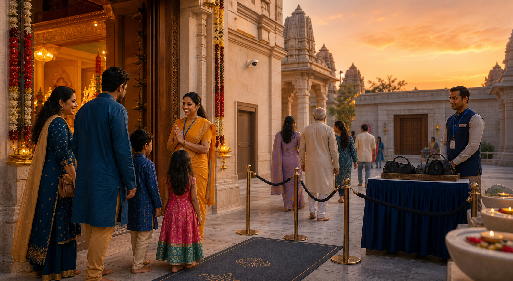 Volunteers welcome worshippers at a temple courtyard with an orderly entrance table, a secured service door, and discreet security equipment.