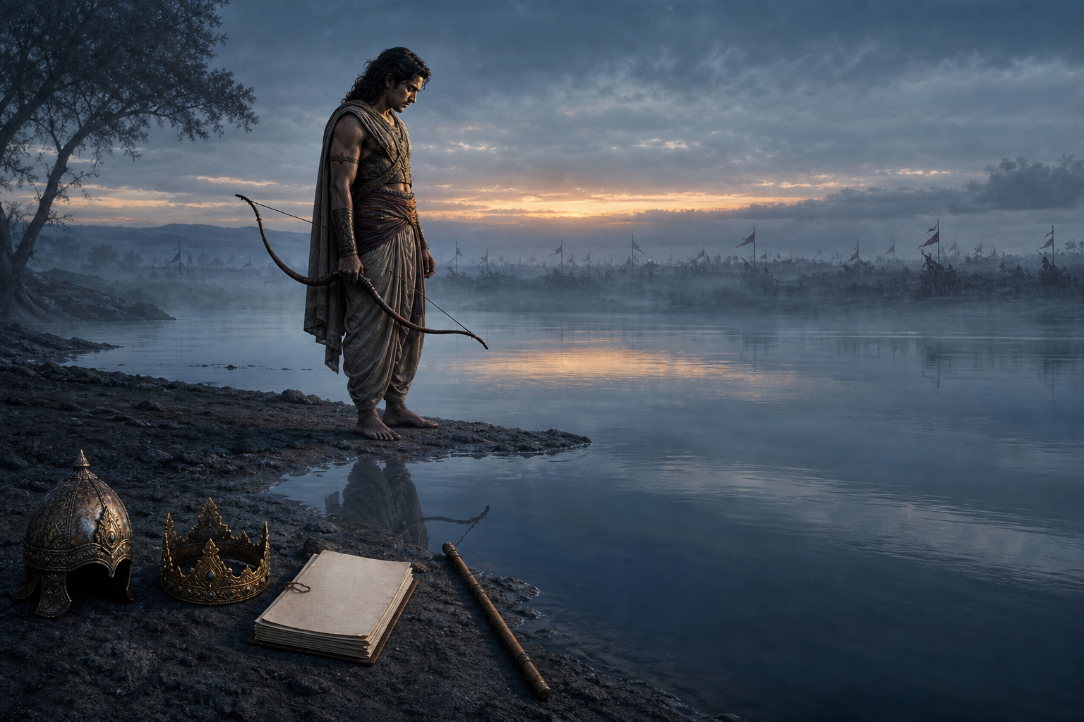 A warrior holding a bow studies his reflection beside a misty river, with an empty helmet, crown, manuscript bundle, and staff resting nearby.