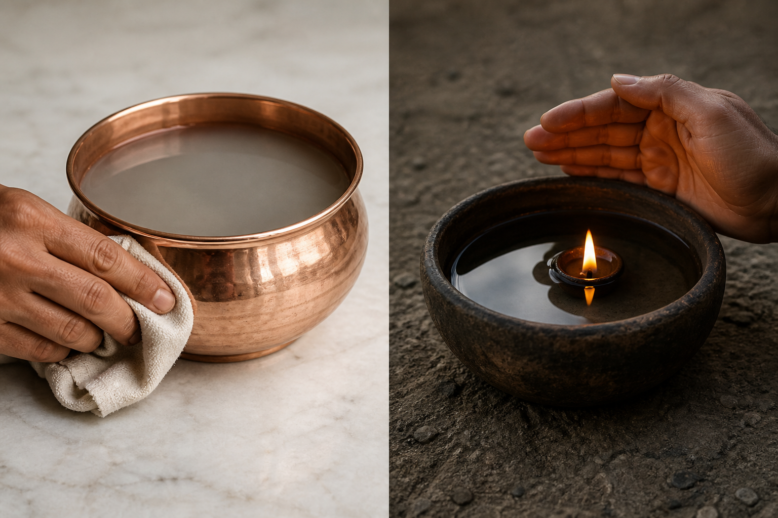 A polished copper bowl holding cloudy water is contrasted with a soot-darkened clay bowl holding clear water and reflecting a protected flame.