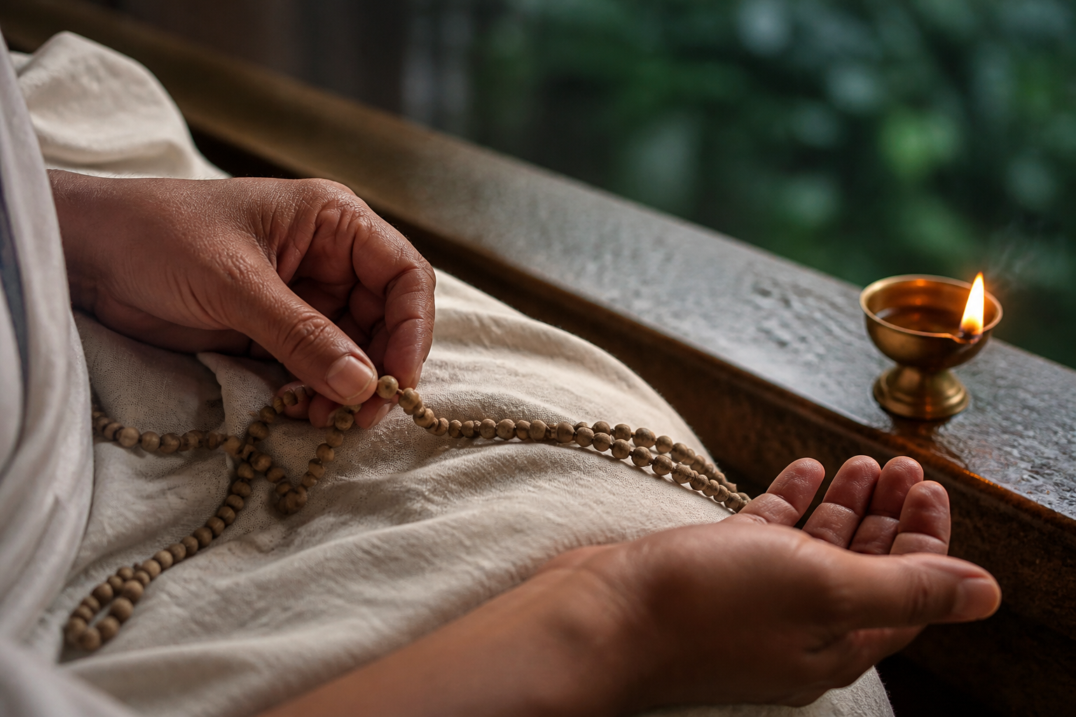 A devotee's hand returns to a bead on a tulsi mala beside a small burning oil lamp on a rain-damp veranda.