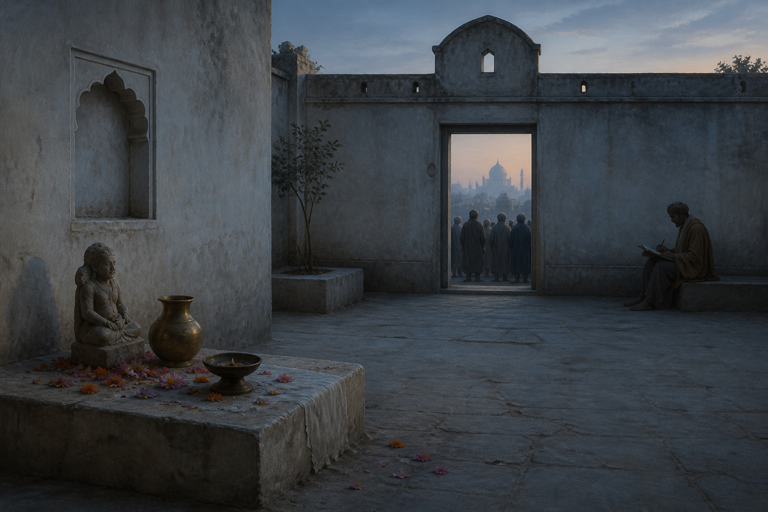 An empty medieval Delhi courtyard holds a ritual lamp, flowers, vessel, and stone murti while silent figures and a chronicler remain beyond the doorway.