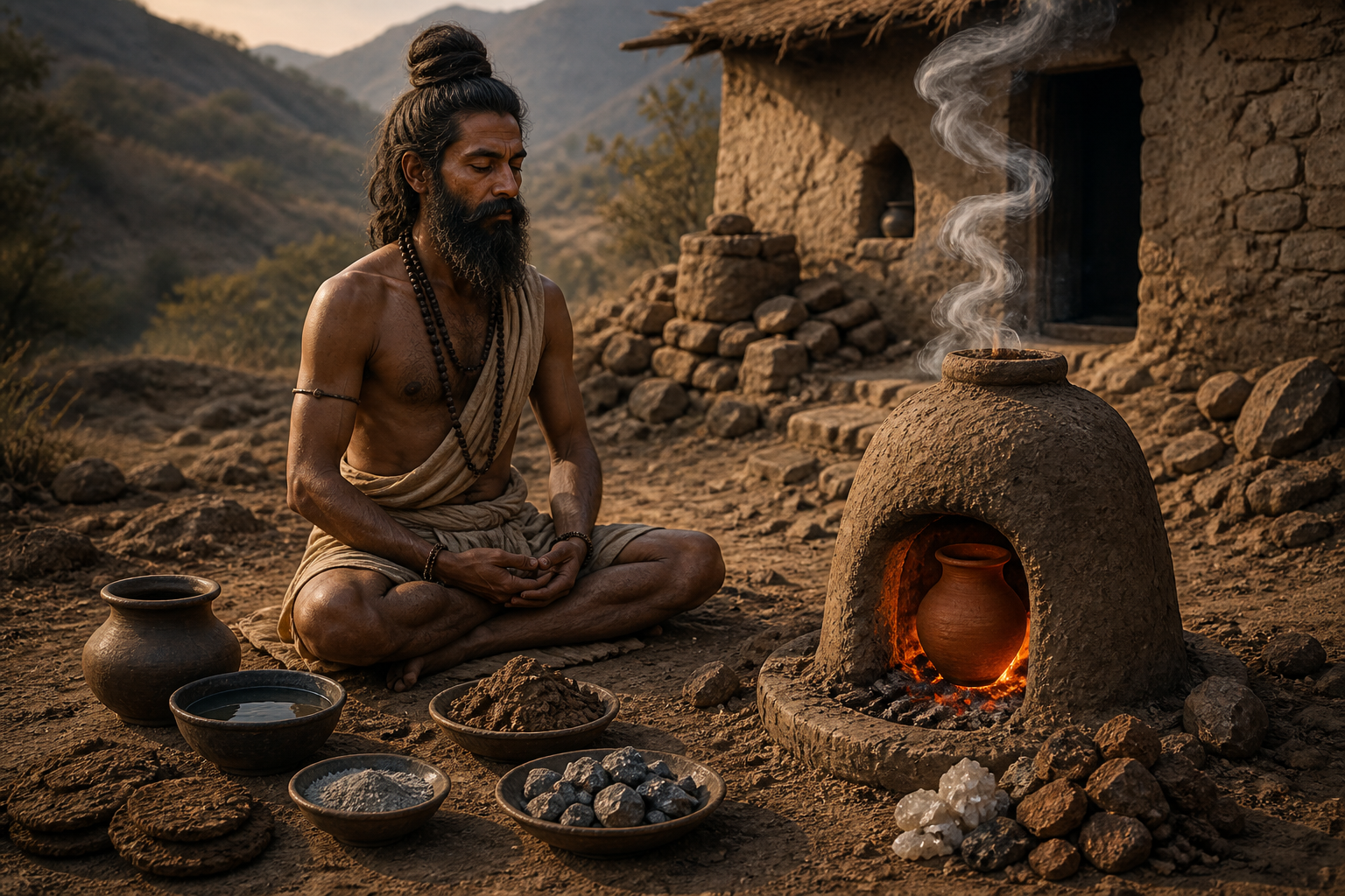 A Nath ascetic meditates beside an earthen furnace fueled with dried cow dung, with clay, water, ash, and minerals arranged nearby.