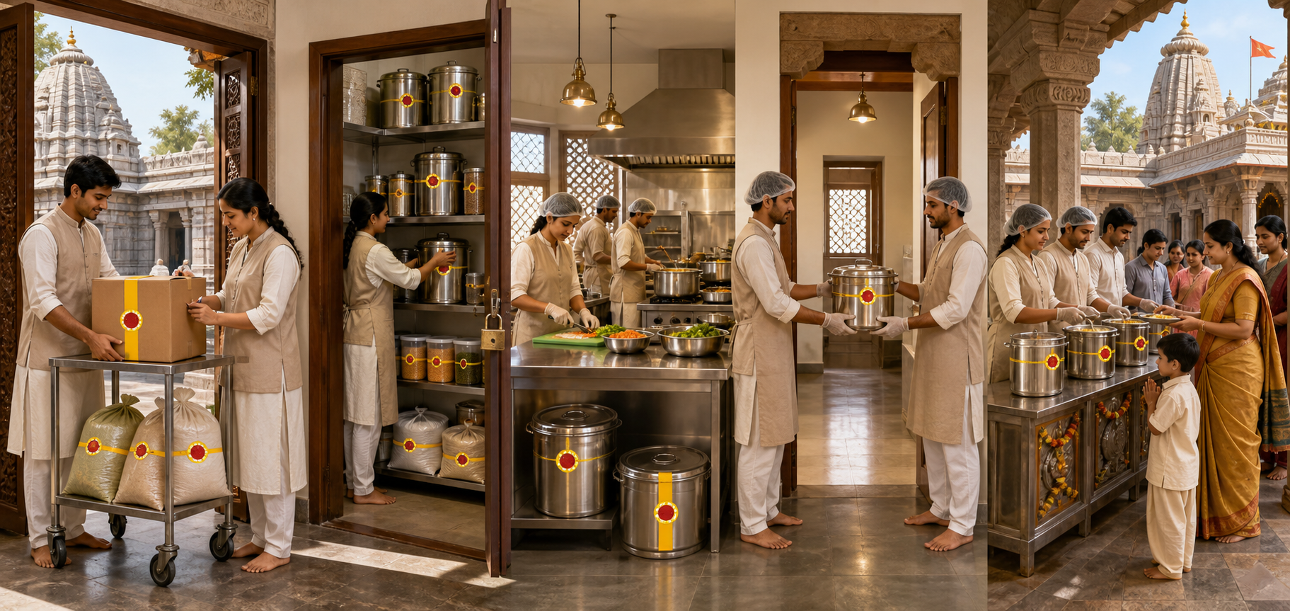 Volunteers check a delivery, secure supplies, prepare food, transfer covered vessels, and serve prasad within a temple complex.