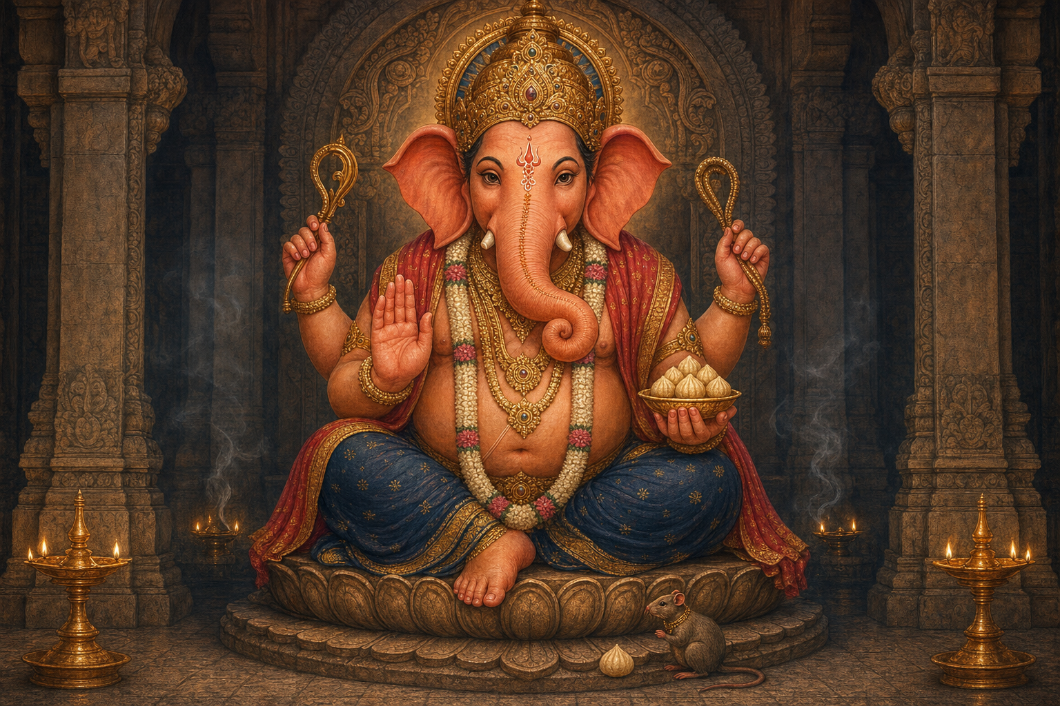 Lord Ganesha sits on a lotus pedestal in a temple sanctum while a small mouse looks up from beside his feet.