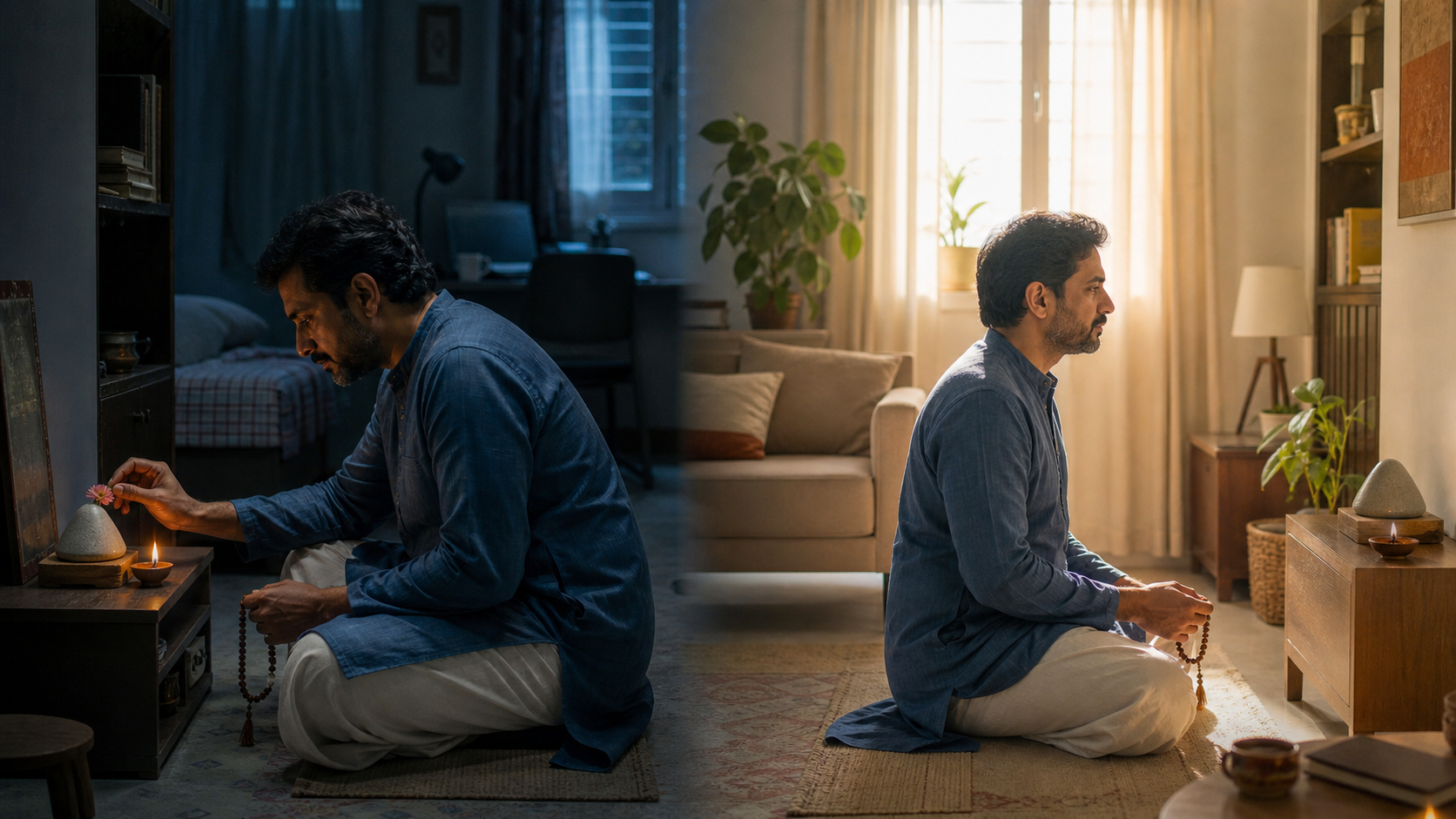 The same devotee maintains a simple practice with a lamp, flower, and prayer beads in both a dim difficult setting and a bright comfortable one.