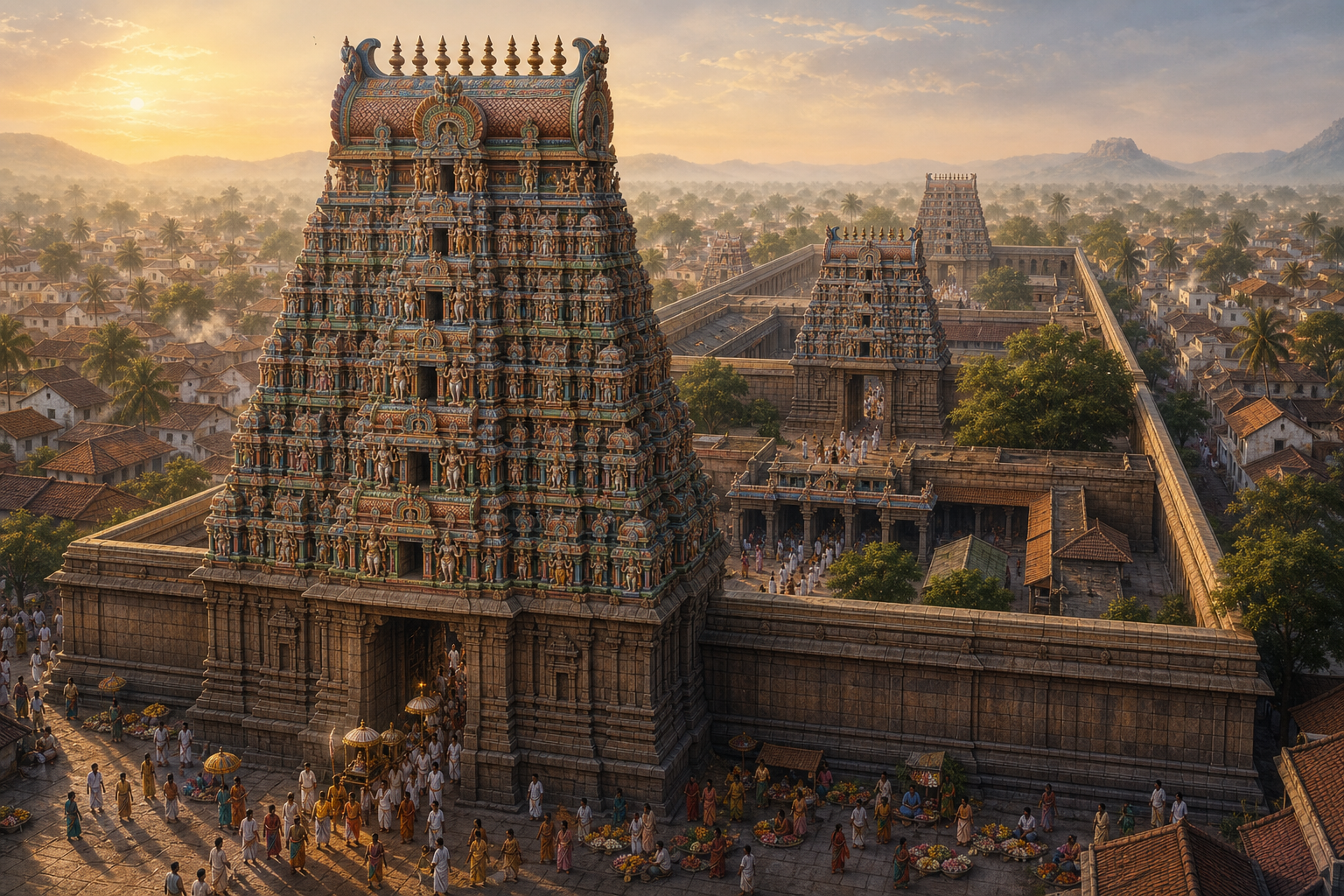 Elevated view of a South Indian temple complex with a monumental outer gopuram aligned with smaller gateways and the inner sanctuary.