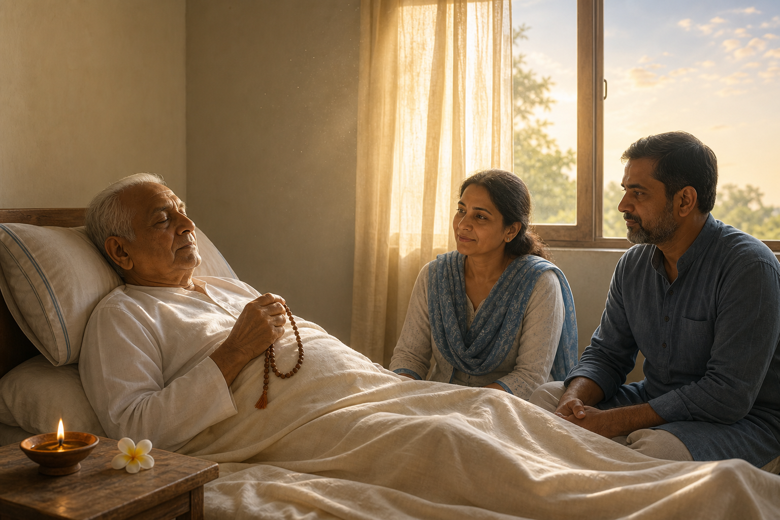 An elderly devotee rests with prayer beads near the heart while two family members sit nearby beside an oil lamp and flower.