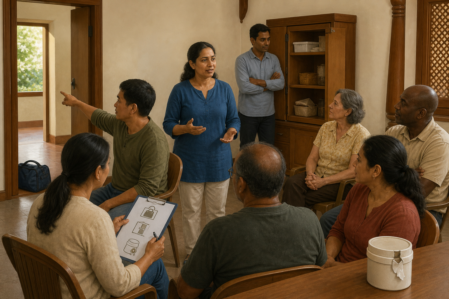 Temple volunteers practice reporting an unattended bag, an open cabinet, and a broken container seal during a safety workshop.