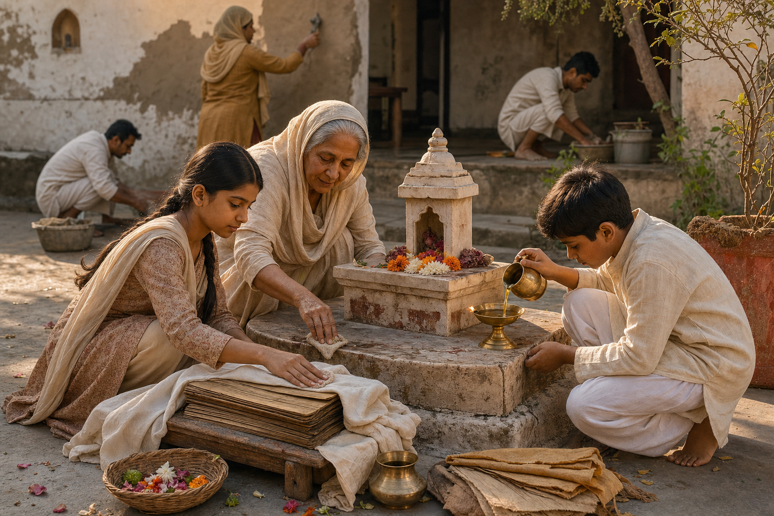 An elder and younger family members tend a small shrine, light a brass lamp, arrange flowers, and preserve cloth-wrapped manuscripts together.