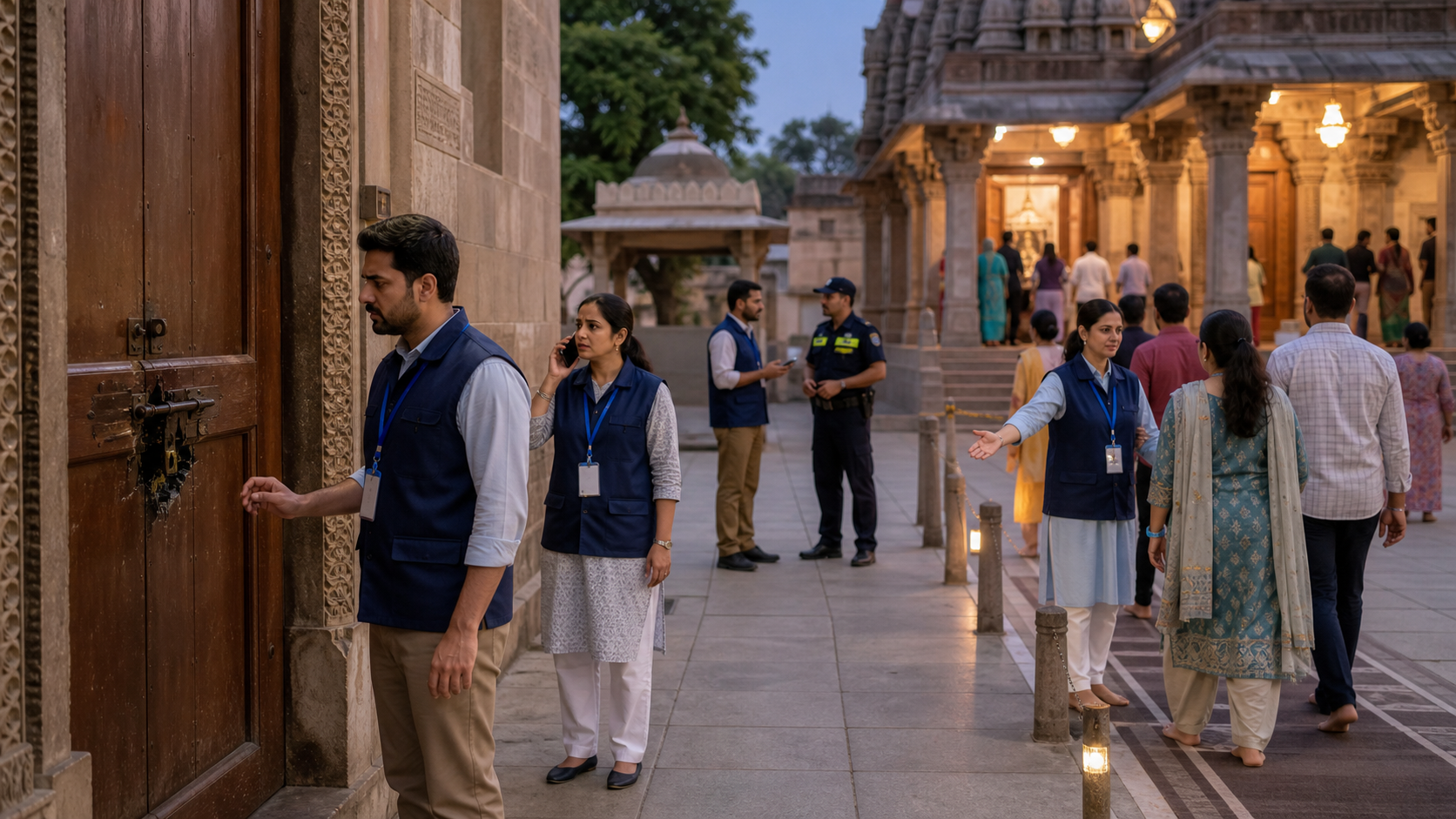 Temple volunteers keep people away from a damaged service door, contact a coordinator, redirect visitors, and meet an emergency responder.