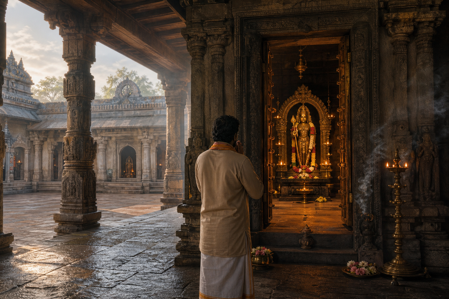 A pilgrim pauses with joined hands before a Subramanya shrine in a traditional temple corridor lined with lamps and side sanctums.