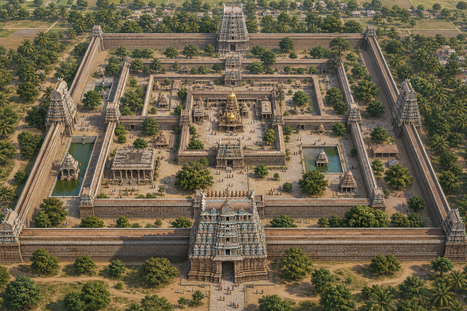 Bird's-eye view of concentric temple enclosures, gateway towers, courtyards, halls, processional paths, and the central sanctuary.
