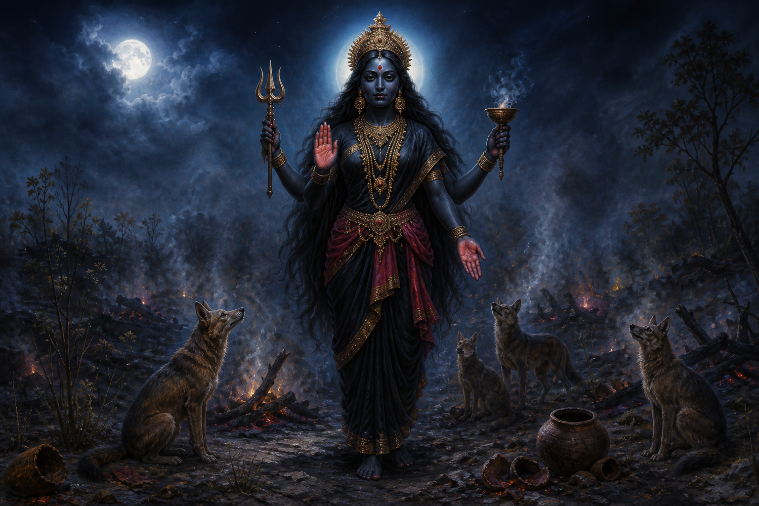 A dark four-armed Goddess stands calmly in a moonlit cremation ground as jackals gather among ash, embers, plants, and broken clay vessels.