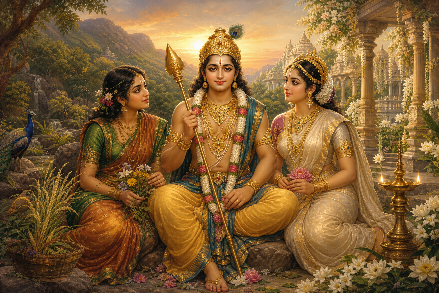 Subramanya stands between Valli in a mountain forest setting and Devasena in a ceremonial temple garden, with both landscapes joining behind them.