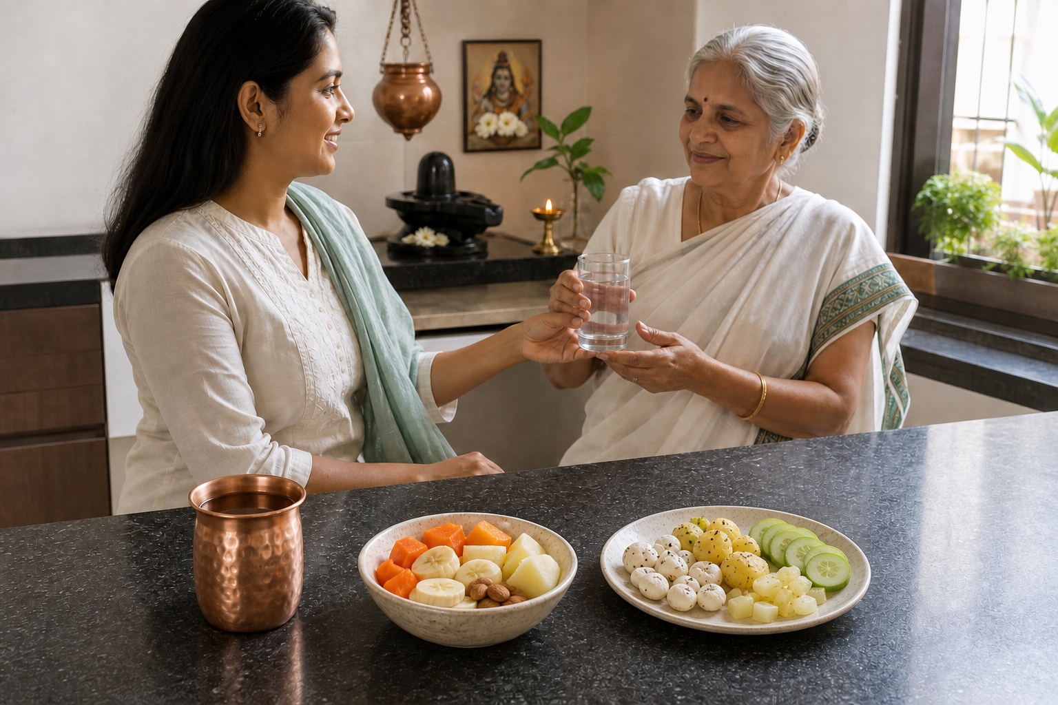 Water, fruit, nuts, and a simple fasting meal are arranged near a home shrine as family members prepare for different levels of fasting.