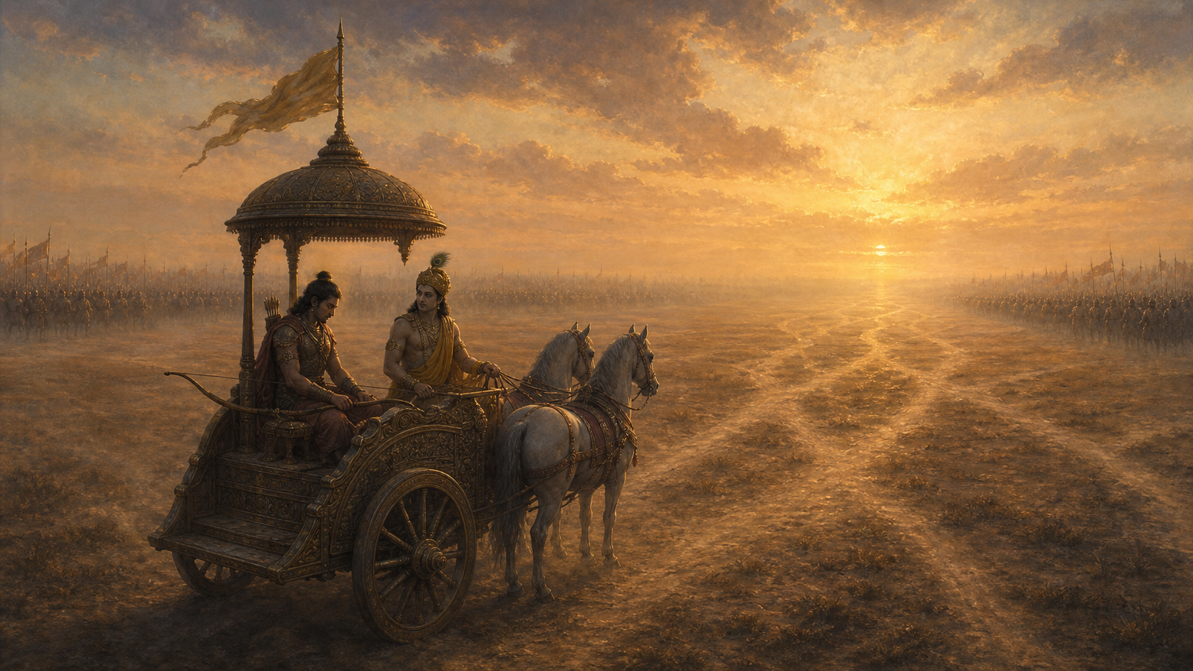 An archer with a lowered bow sits in a chariot between two distant armies while several paths divide across the dawn-lit plain.