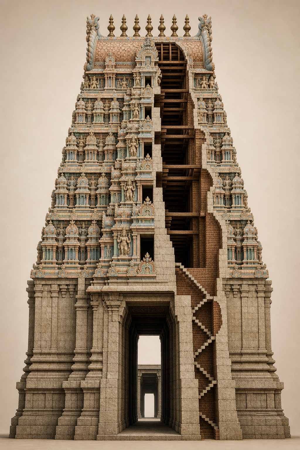 Cutaway elevation of a gopuram showing its granite gateway base, diminishing brick-and-plaster tiers, sculpted niches, curved crown, and finials.