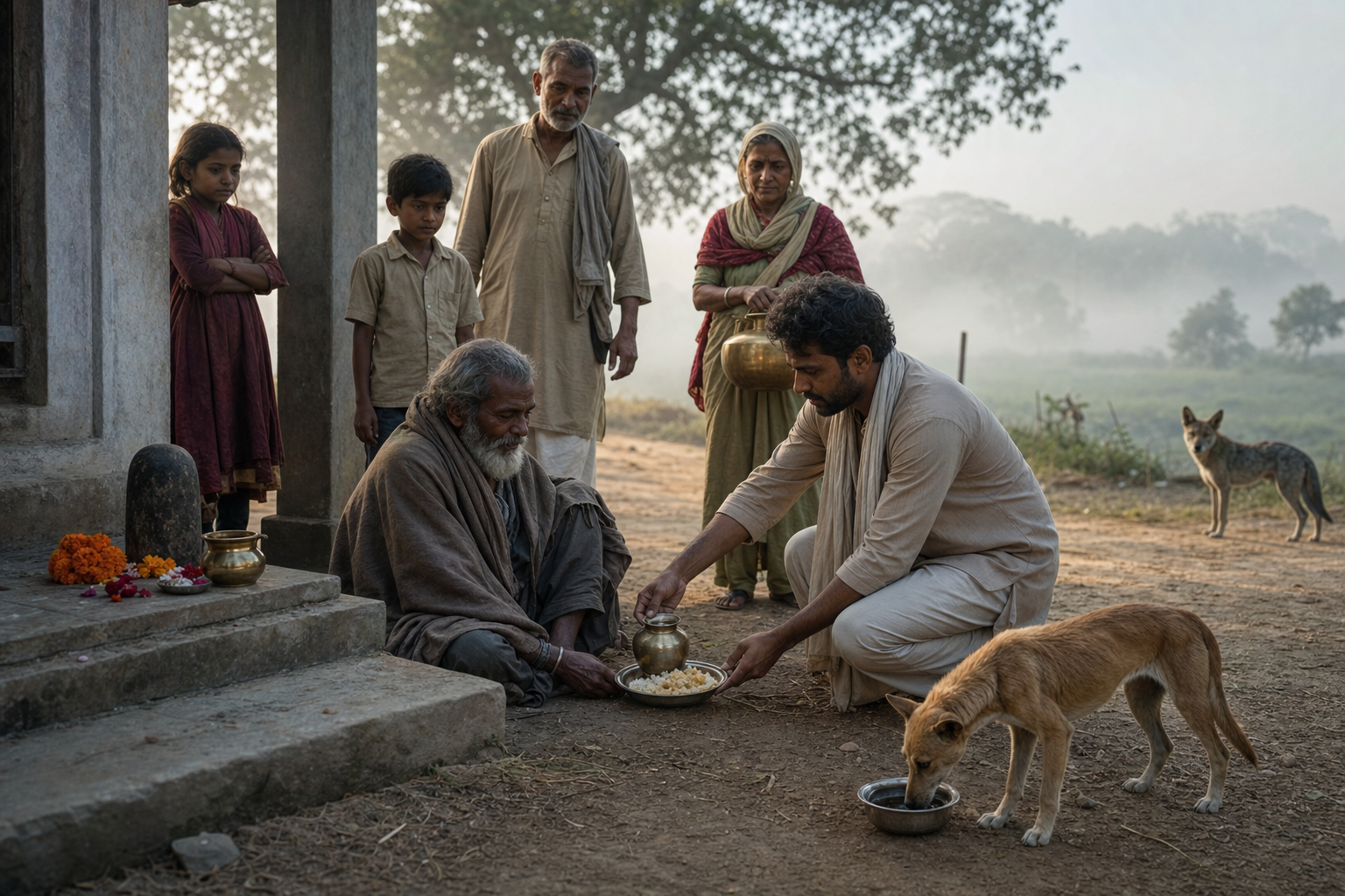 A practitioner outside a rural shrine offers food and water to a tired traveler and leaves a separate bowl for animals as another villager brings water.