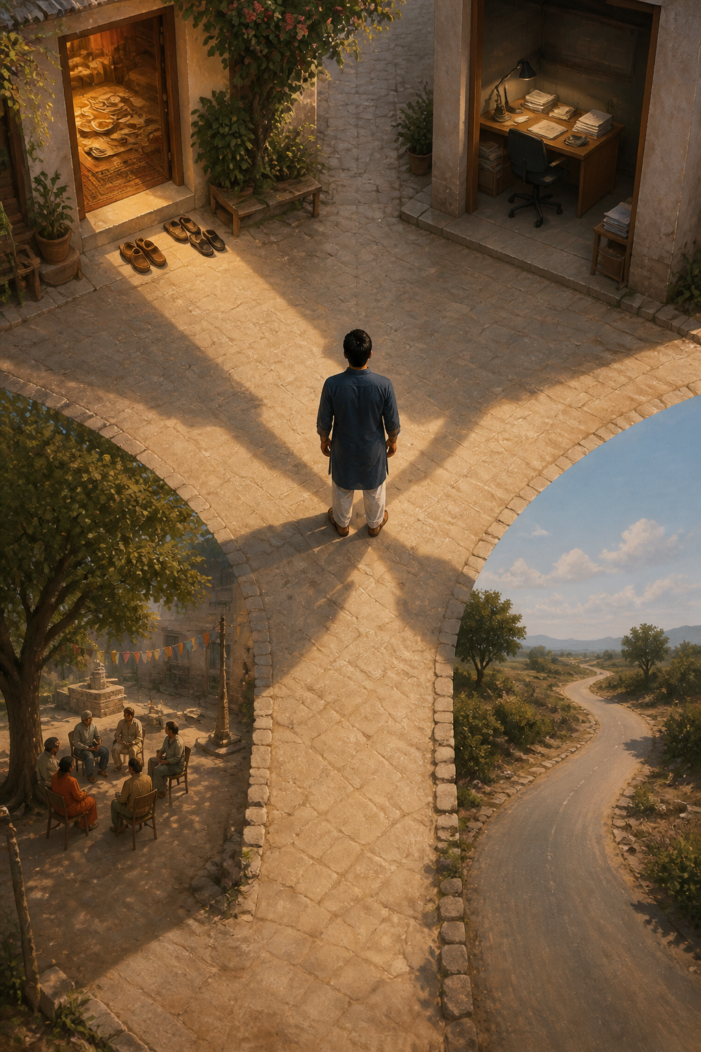 A person stands where four courtyard paths lead toward a family home, a workplace, a community gathering, and an open road.