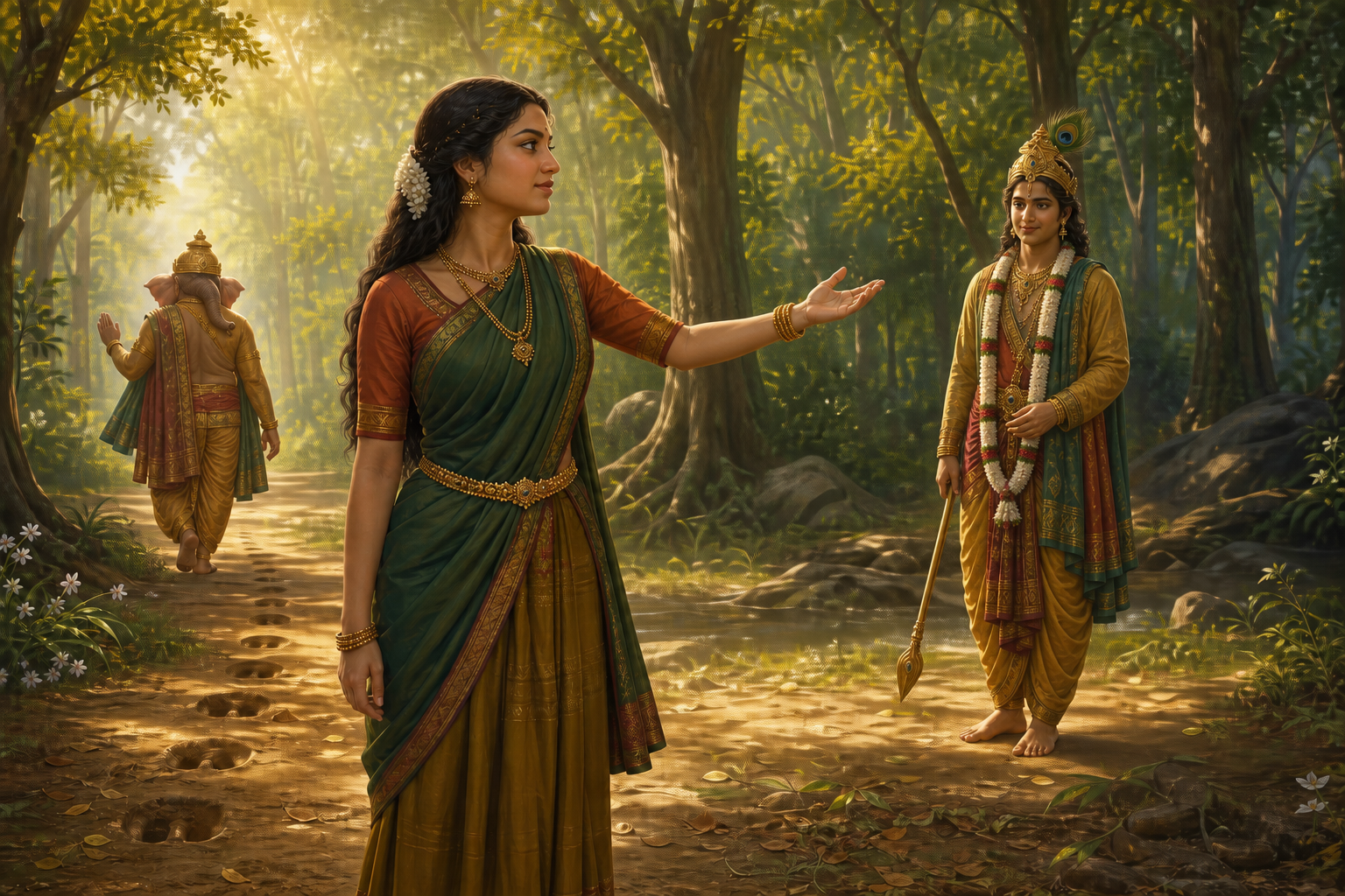 Valli makes an open-handed gesture toward Subramanya in a forest clearing while Ganapathi stands at a distance among the trees.