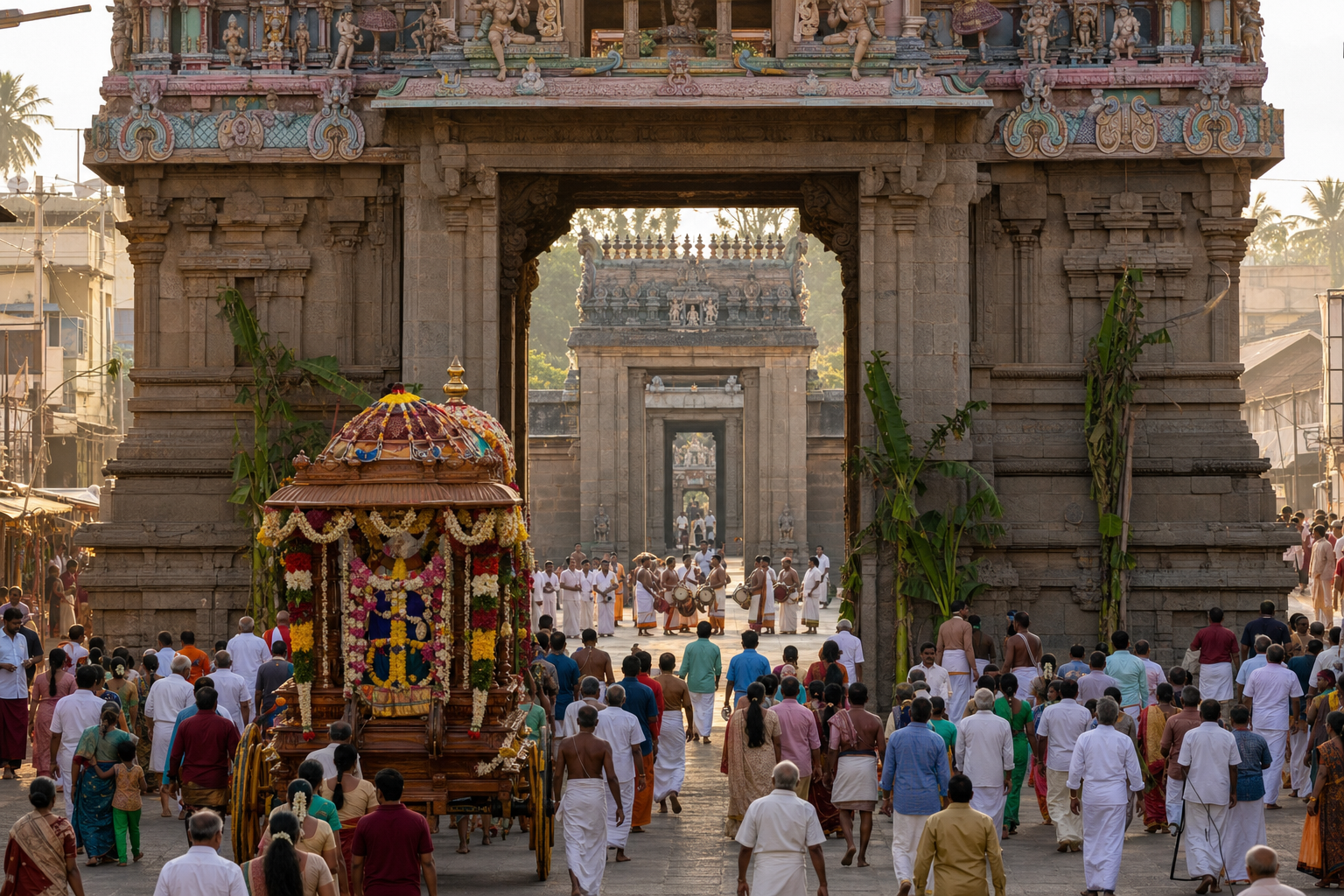 Temple procession moving from a monumental outer gopuram through smaller aligned gateways toward the inner sanctuary precinct.