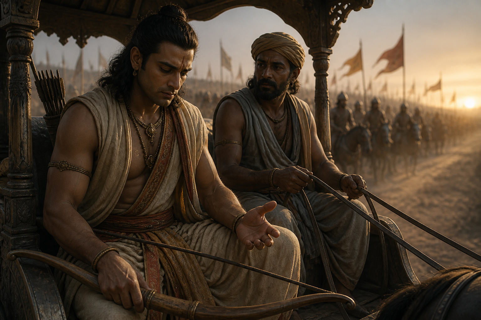 A seated archer steadies himself beside a waiting charioteer as distant soldiers remain out of focus behind them.