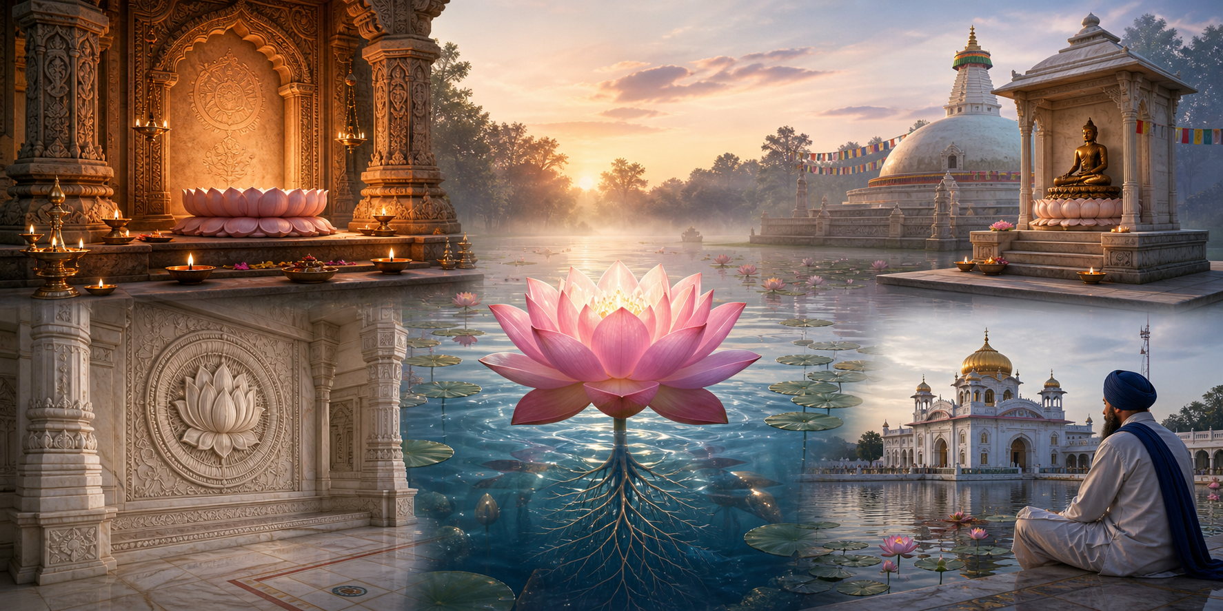 A pink lotus in a dawn-lit pond connects four separate scenes: a Hindu temple alcove, a Buddhist shrine, a Jain marble temple, and a Sikh devotee beside the water.