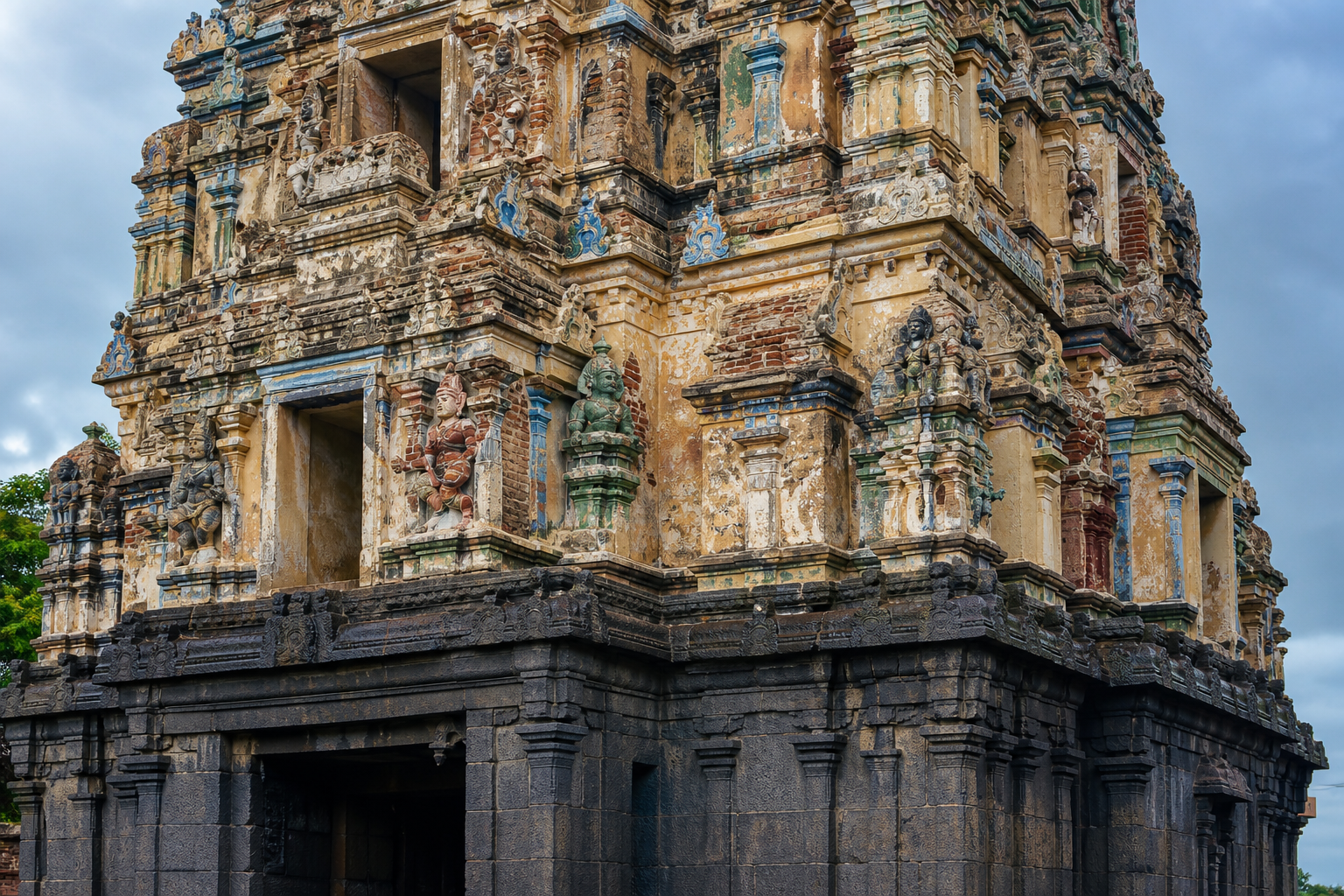 Close view of a gopuram with an austere granite base, ordered plastered tiers, weathered sculpture, faded pigment, and later stucco repairs.