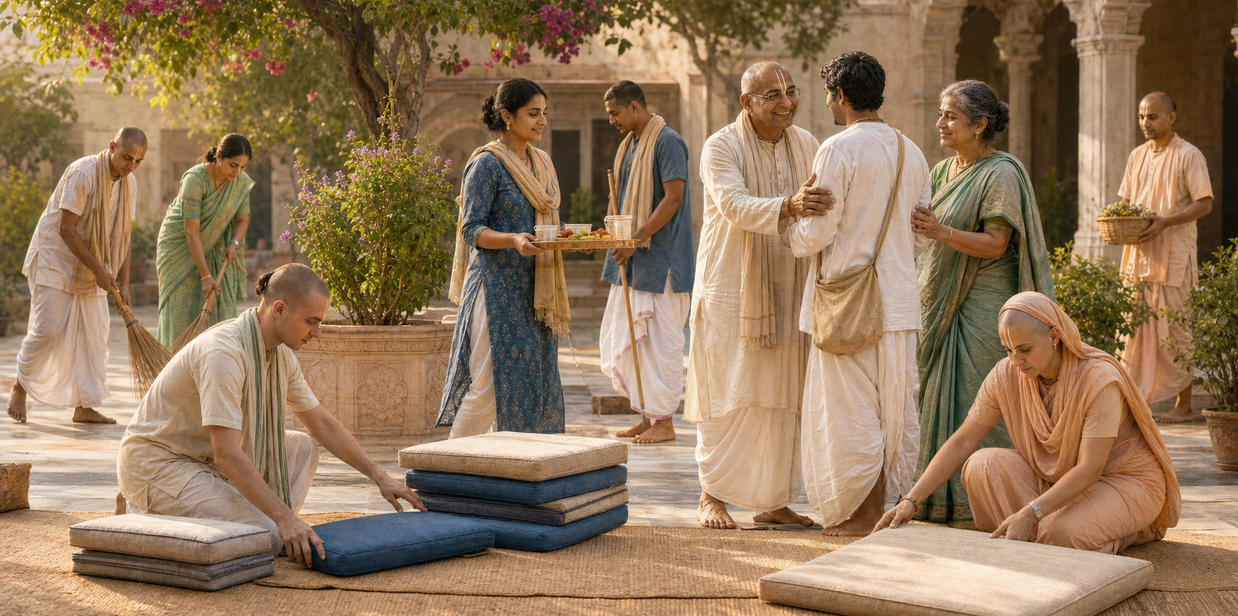 Vaishnava devotees prepare a temple courtyard together by arranging cushions, serving refreshments, welcoming a newcomer, and sweeping the floor.