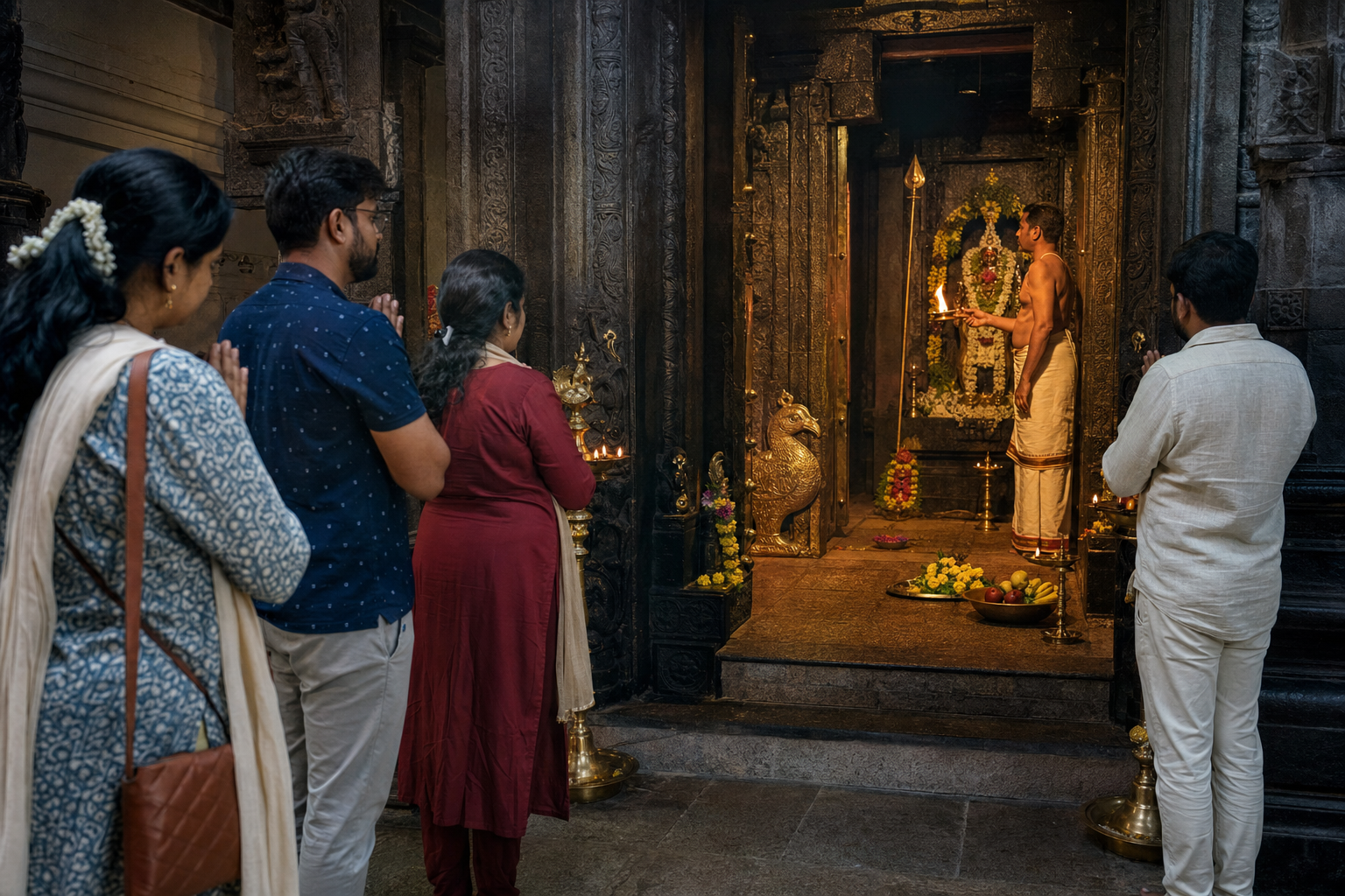 Devotees stand respectfully before a flower-decorated Subramanya shrine as a temple priest presents an oil flame.