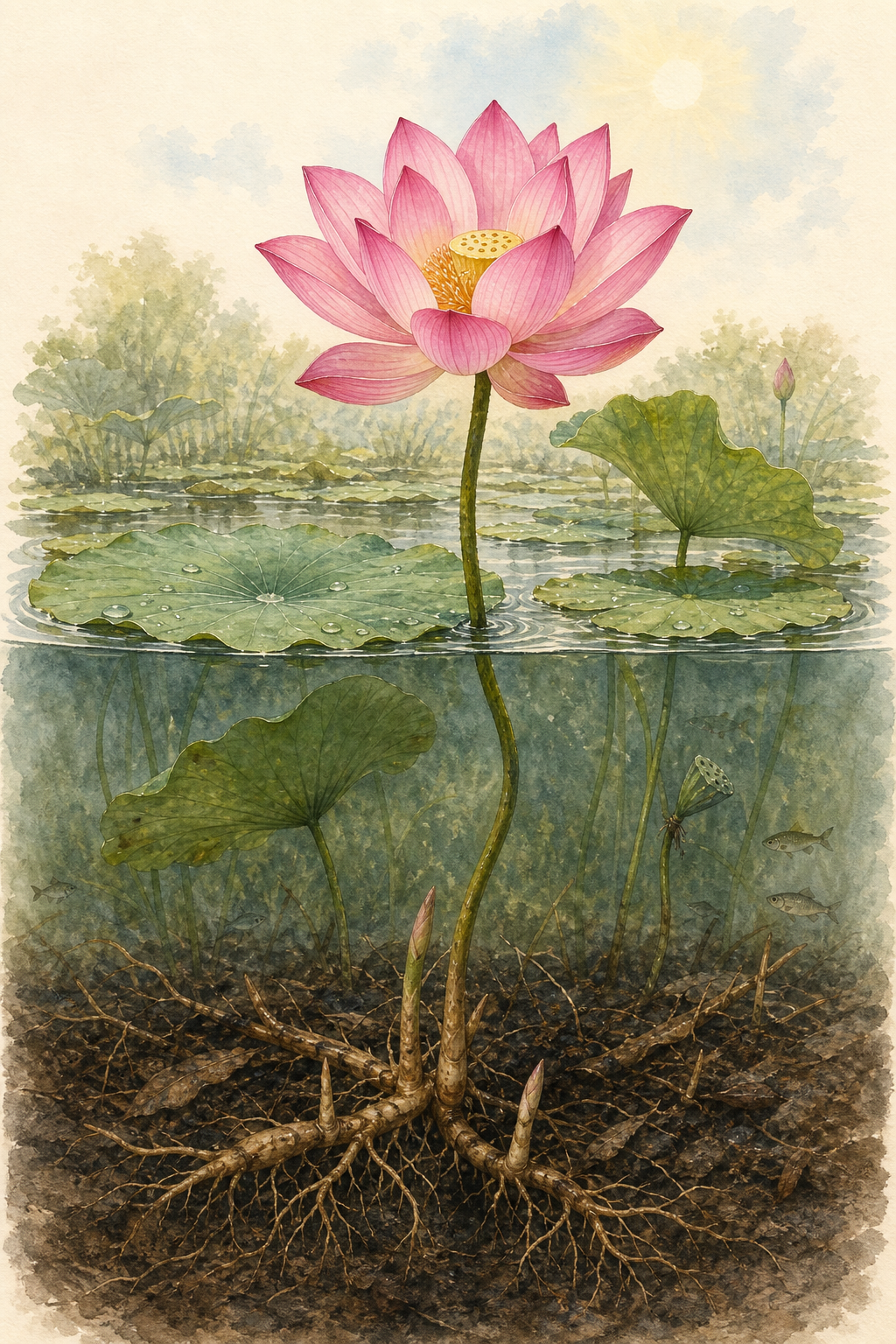 A cutaway view of a pink lotus shows its rhizomes in pond mud, its stem rising through the water, and its flower opening above floating leaves.
