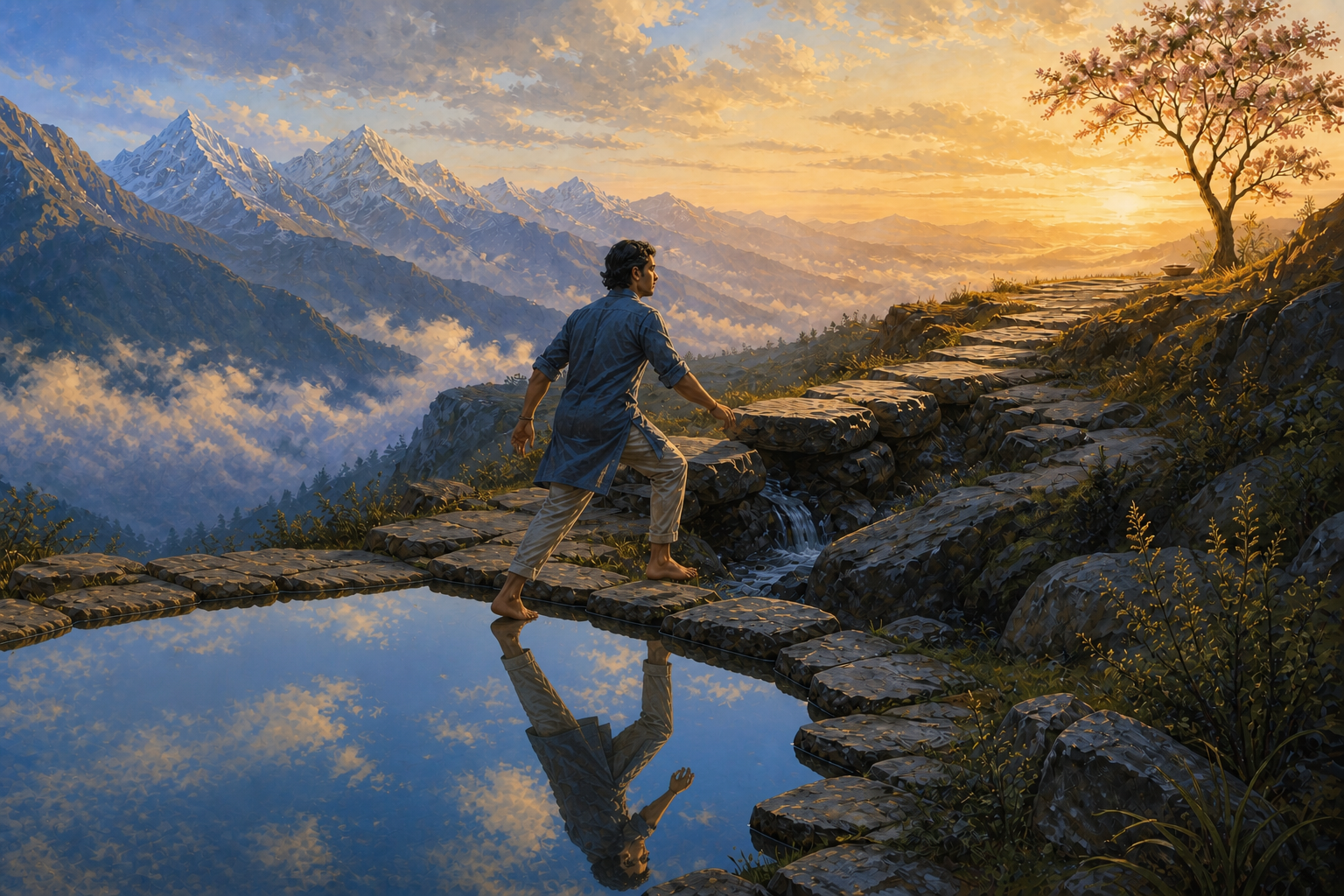 A person follows an ascending path from a still reflecting pool across rough stones toward a flowering tree in the sunrise.