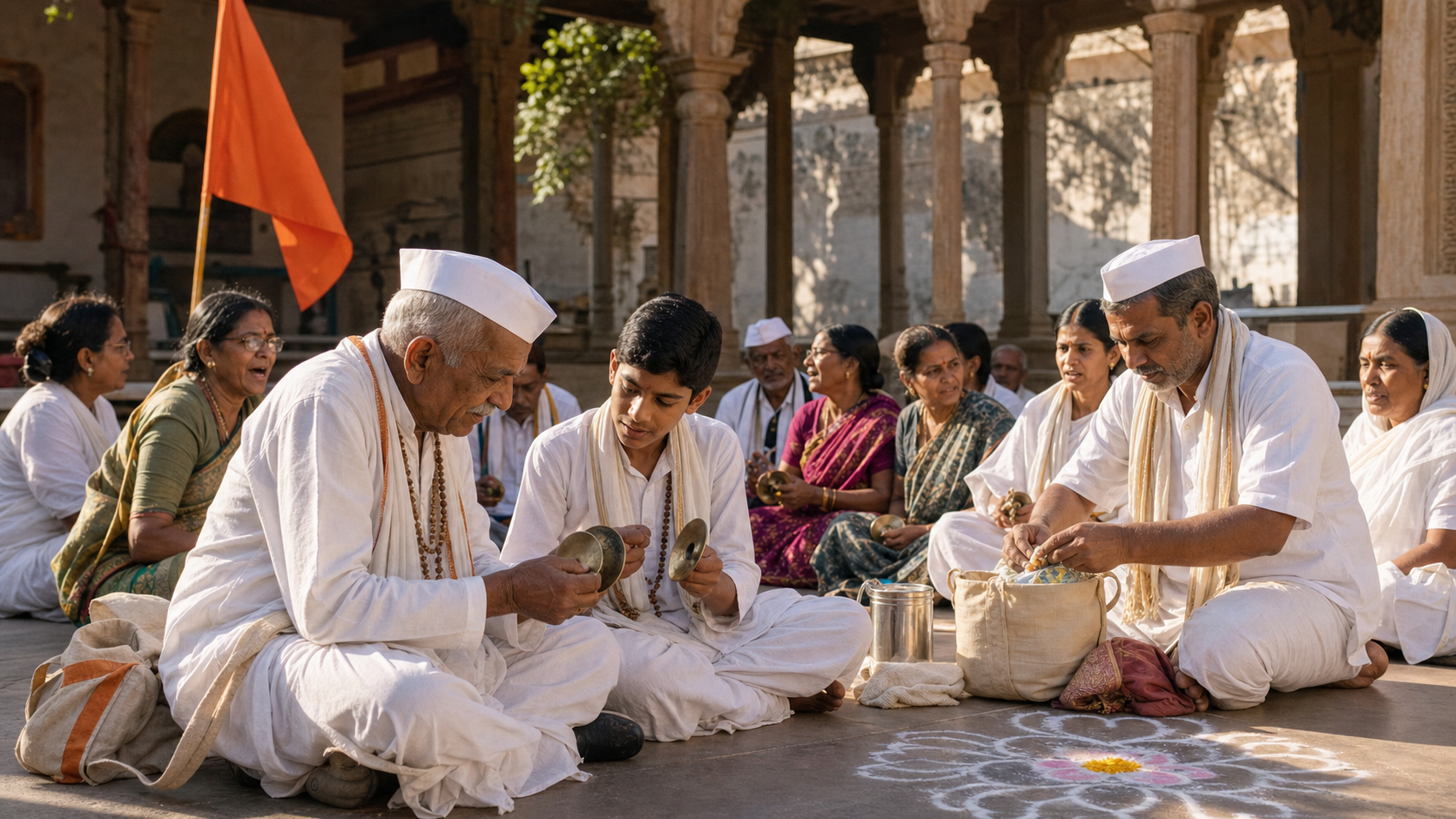 An older Warkari practitioner teaches a teenager to play brass hand cymbals as several generations gather for devotional practice and seva in a temple courtyard.