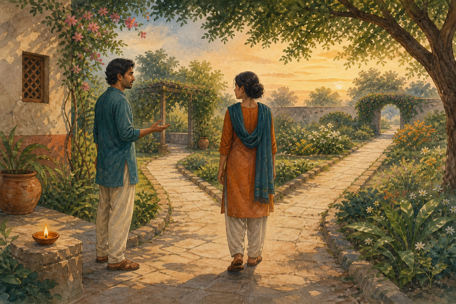 Two adults speak as equals beside a fork in a garden path, with one gesturing openly while the other considers which direction to take.
