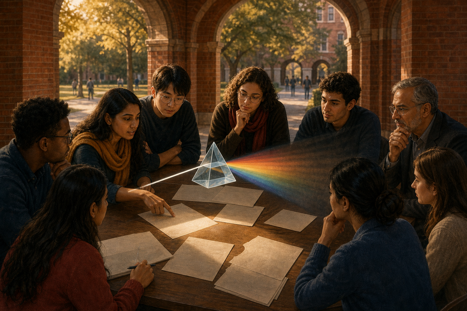 Diverse students and scholars examine documents beneath a red-brick university arch as a prism separates a focused beam of light from a broad shadow.