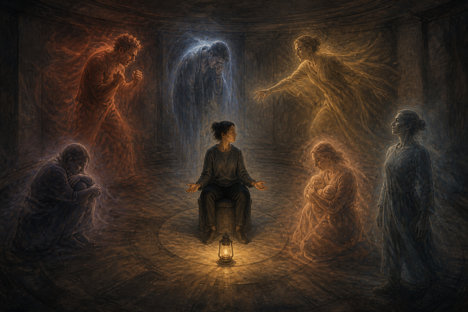 A seated person calmly observes six translucent human figures expressing protection, anger, grief, ambition, tenderness, and courage.